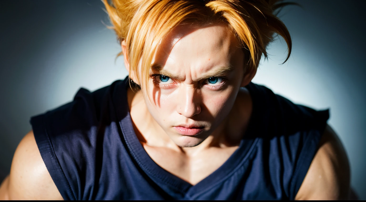 ultra-detailed, solo, realistic, face focus, 1boy, young, son gohan, super saiyan, (aura, angry, stare), looking at viewer, (fighting stance:1.2), blonde hair, blue eyes, (torn clothes:0.8), lightly blurry, film portrait photography, 35mm film