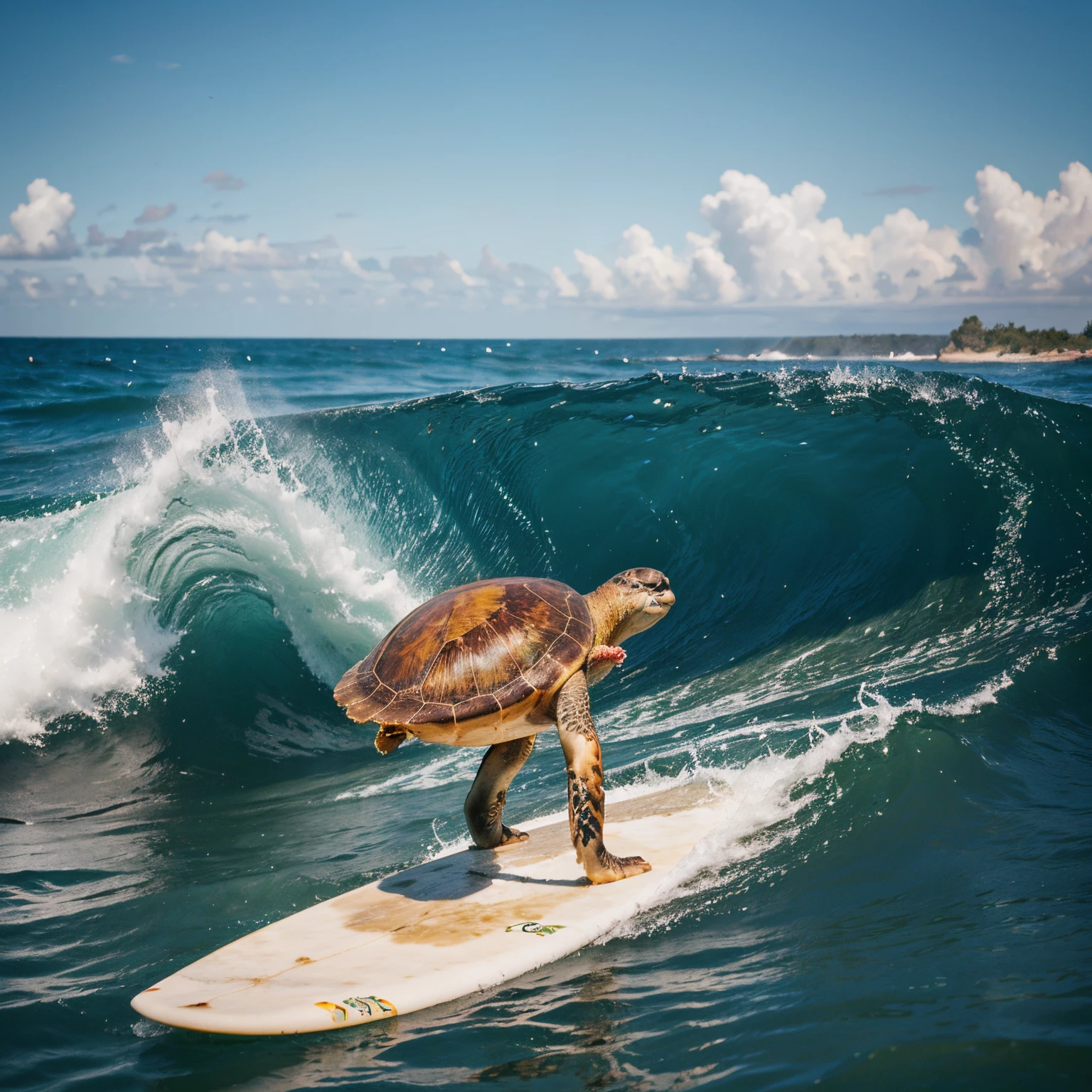Photorealistic, turtle wearing sunglasses riding surfboard, turtle, surfboard, waves, rolling waves, clear water, ocean, sunglasses, realistic