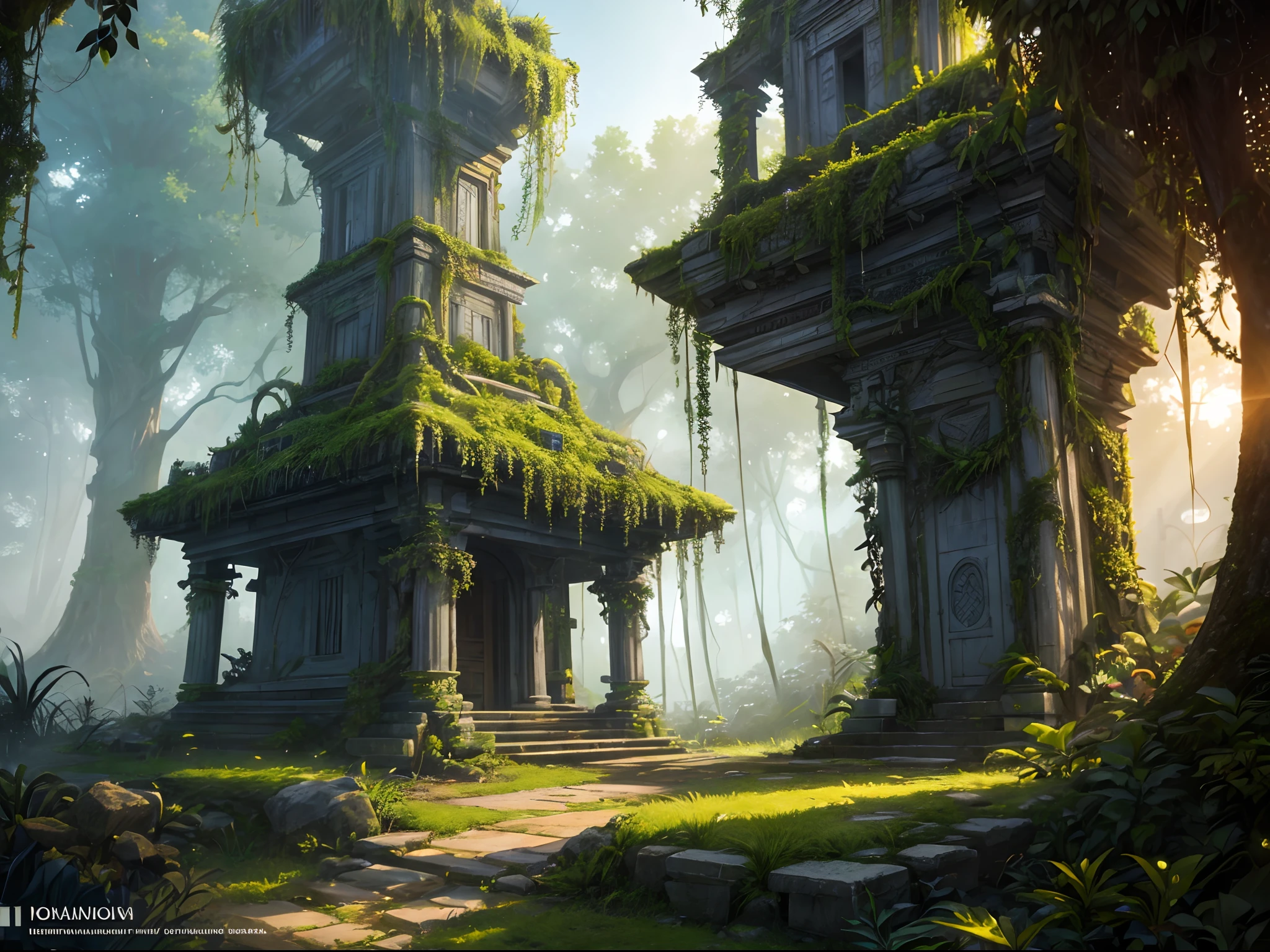 Create a photorealistic depiction of an ancient, overgrown jungle temple at sunset. Illuminate the scene with bioluminescent flora and fauna, and ensure that the details of the moss-covered stones and vines are so realistic that one can almost feel the texture.