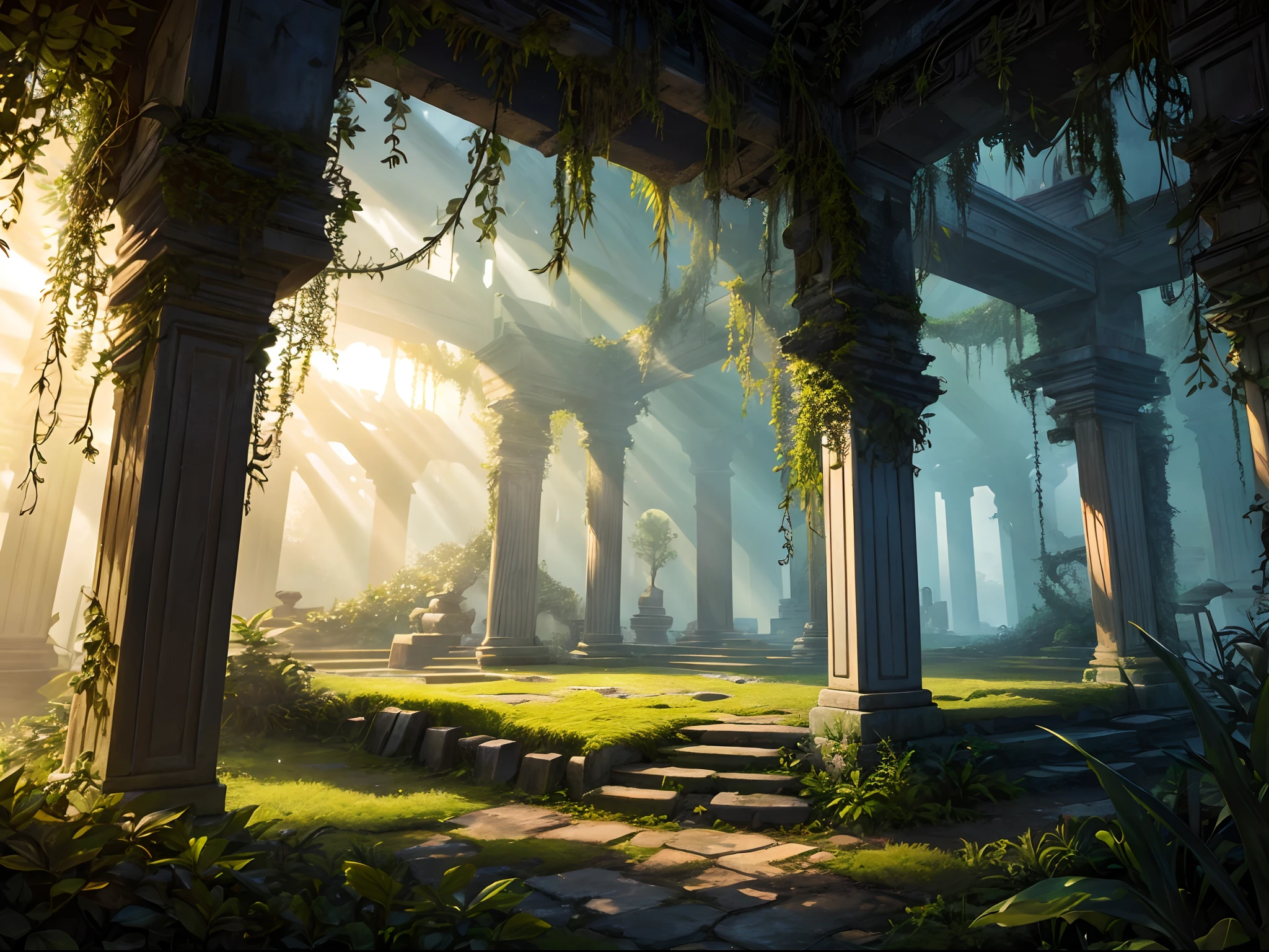Create a photorealistic depiction of an ancient, overgrown jungle temple at sunset. Illuminate the scene with bioluminescent flora and fauna, and ensure that the details of the moss-covered stones and vines are so realistic that one can almost feel the texture.
