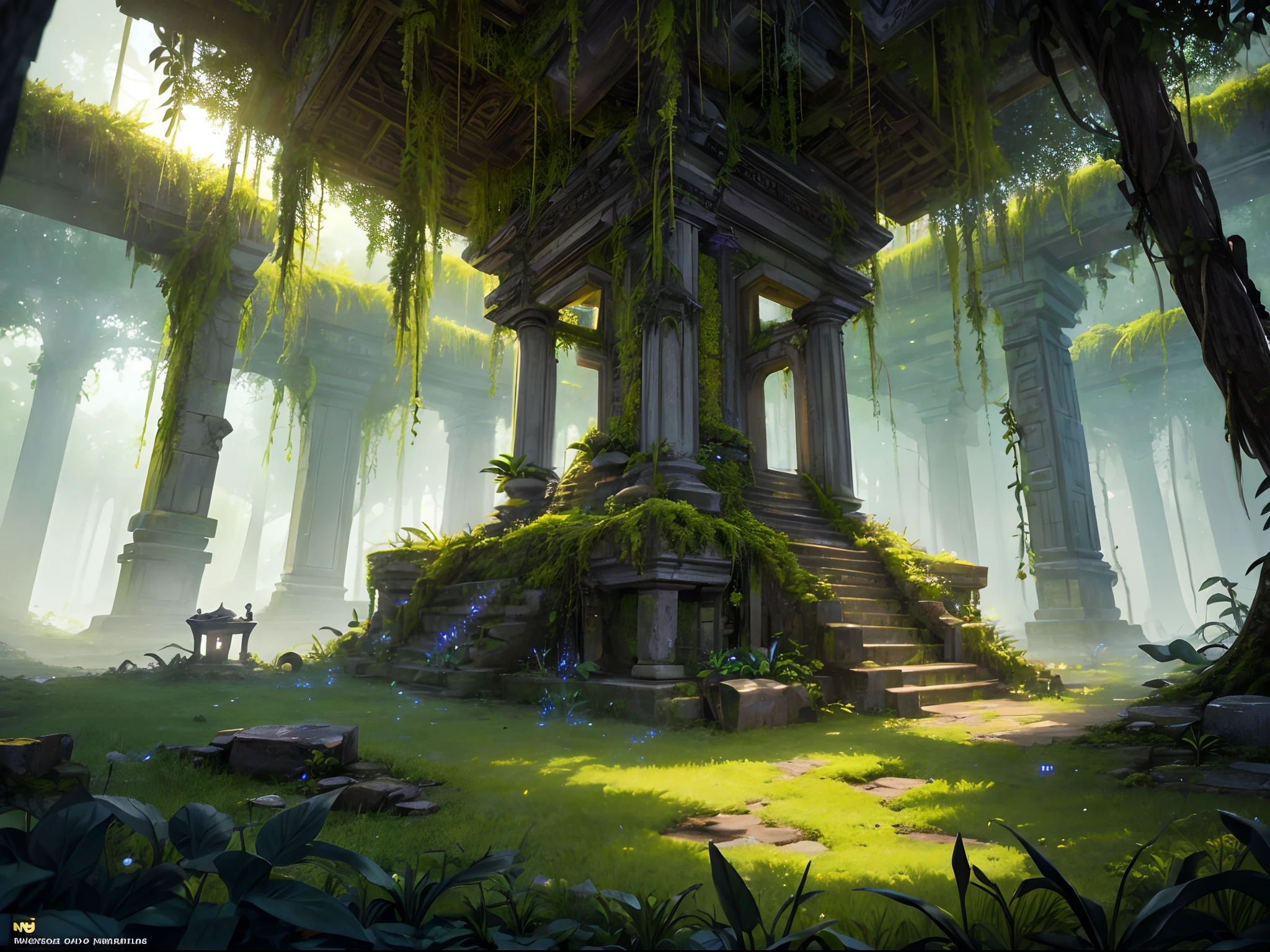 Create a photorealistic depiction of an ancient, overgrown jungle temple at sunset. Illuminate the scene with bioluminescent flora and fauna, and ensure that the details of the moss-covered stones and vines are so realistic that one can almost feel the texture.