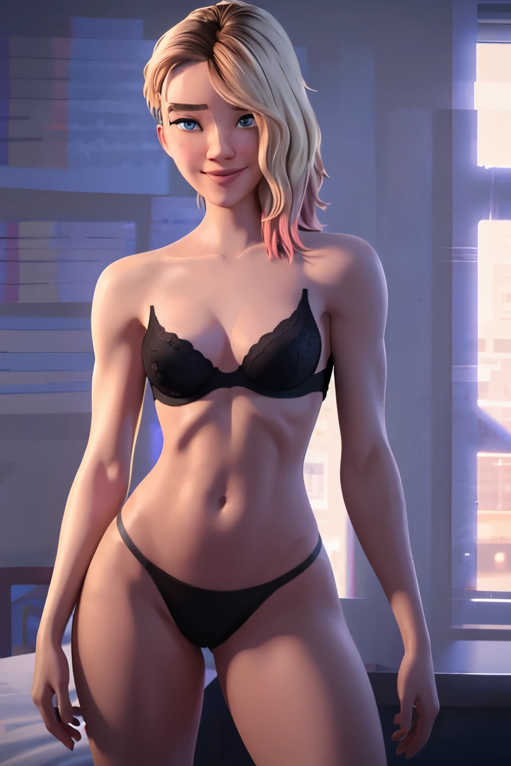 realistic, realism, photorealism, photo-realistic, high contrast, (photorealistic:1.4), (perfect female figure), 8k high definition detailed realistic, NSFW, (best quality, masterpiece:1.2),  photon mapping, radiosity, physically-based rendering, best quality, highly detailed, 1girl, ((black underwear)), bedroom, ((bra)), ((panties)), (nude), thick thighs, looking at viewer, (lewd smile), ass, facing back