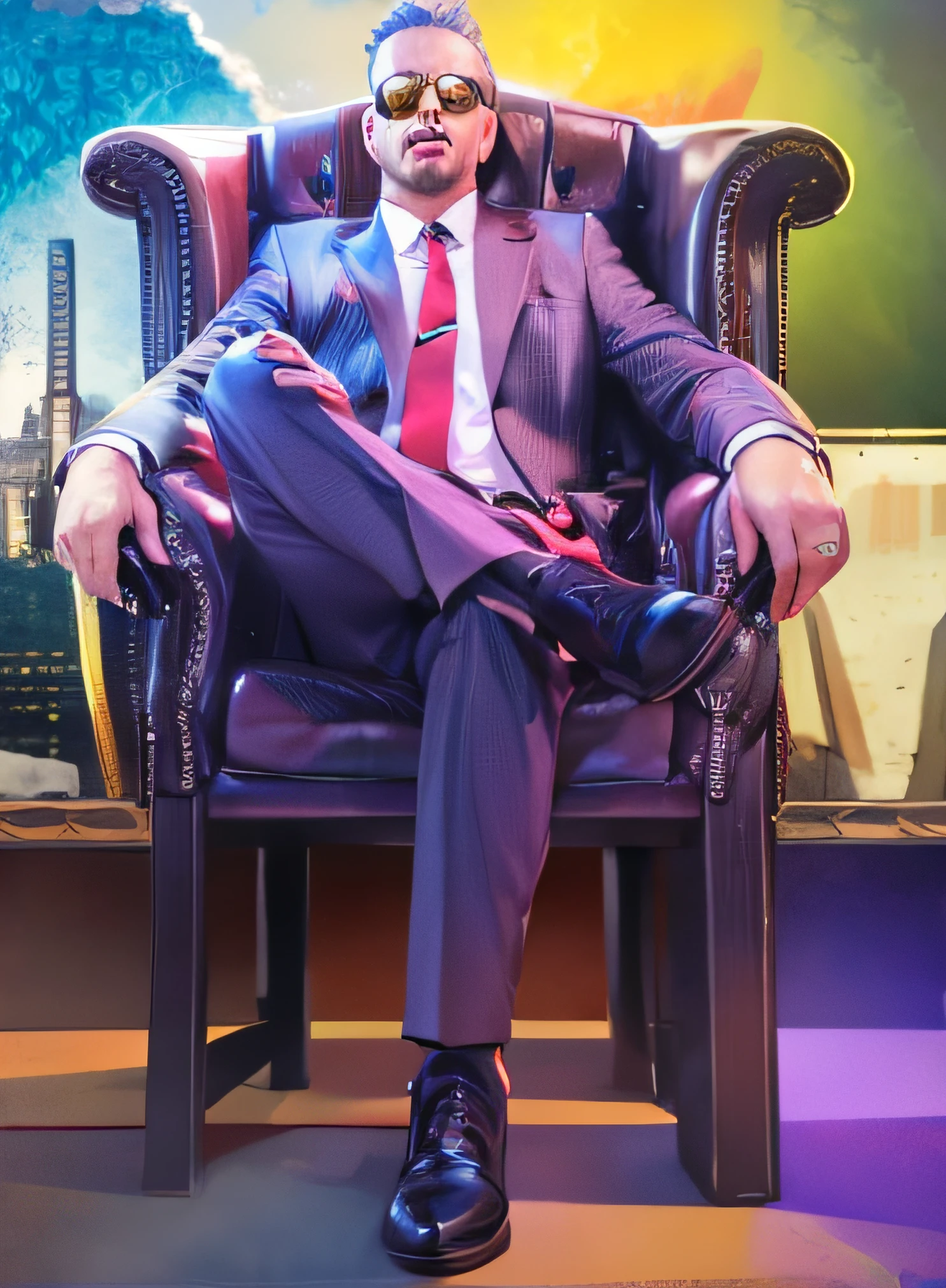 There was a man sitting in a chair，cigar in hand, Movie Promotional Image, sat in his throne, album covers, seated on a throne, seated on a throne, sat in his throne, corporate boss, seated on a throne, Propaganda art, seated on a throne, Official artwork, new album cover, Penthouse owner , sitting in a plastic throne