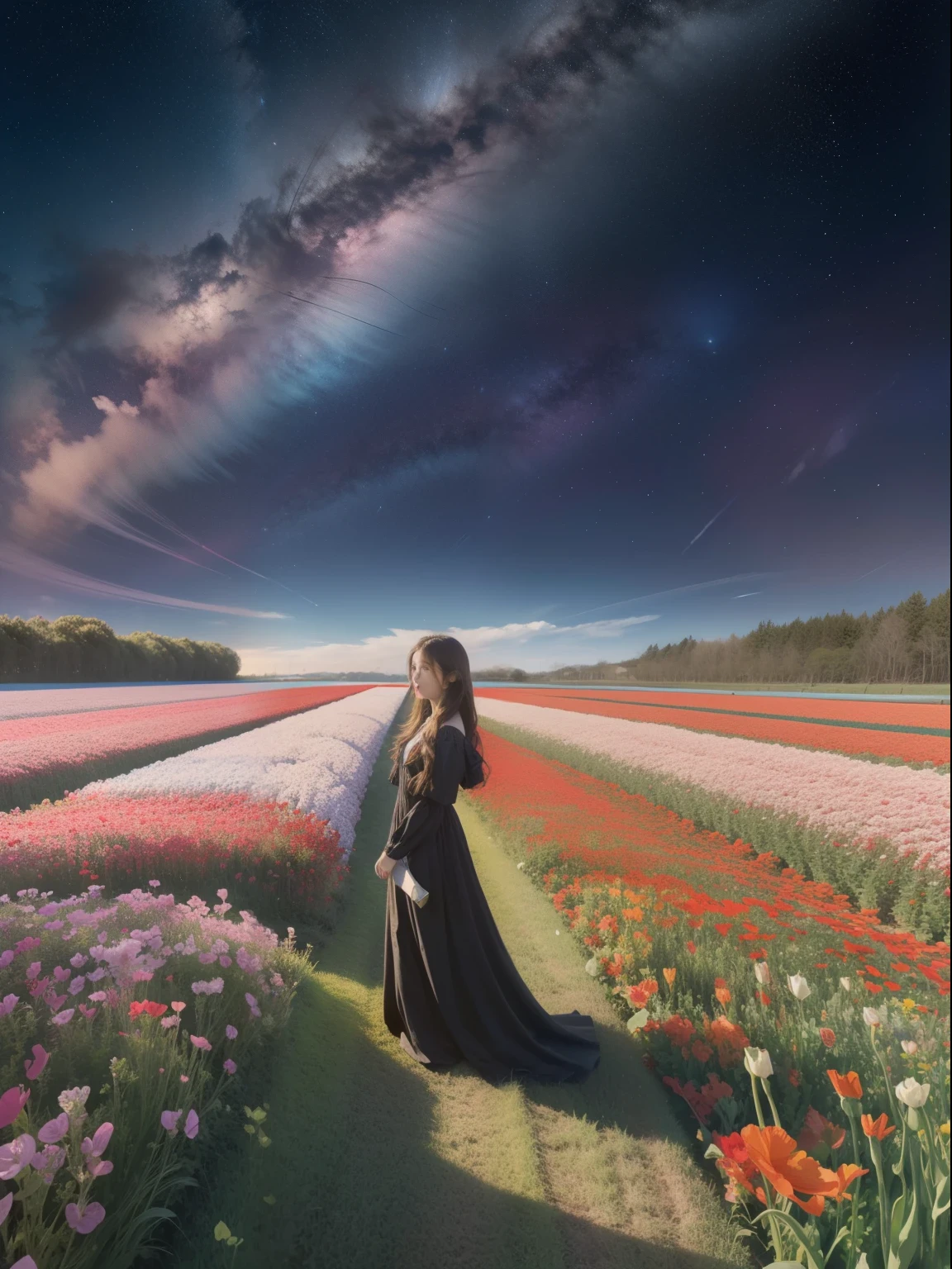 There is a girl standing in a flower field looking up at the sky, A girl stands in the flower field, A girl walks in a flower field, Lost in a fantasy wonderland, standing in flower field, Fantastic digital painting, The sky is gradually clearing up, The starry sky gradually receded