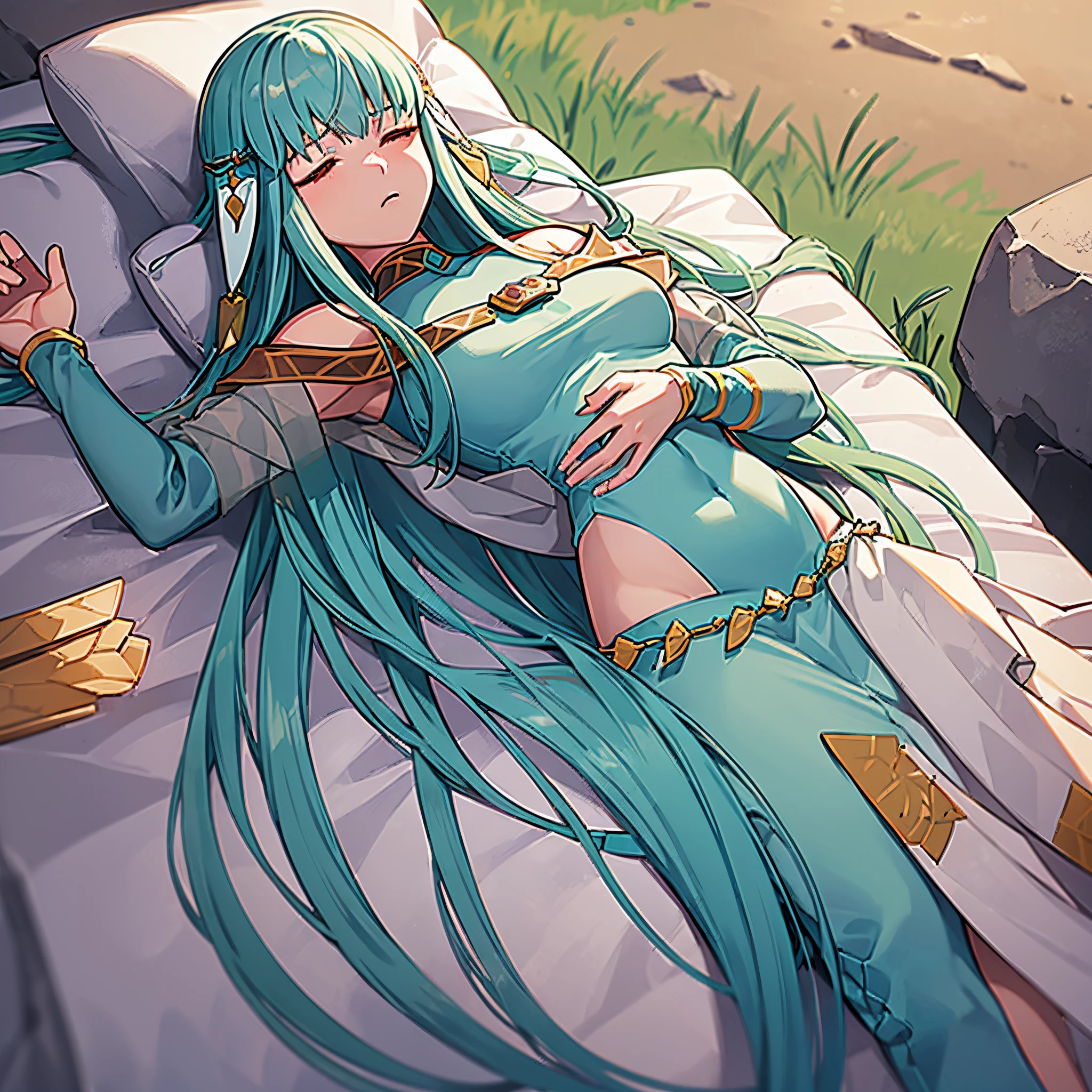 Soldiers wielding swords and spears have overpowered and bested Ninian, with many weapons decorating the ground and causing cuts in the girl's dress; the spears that have done her in lie to the body's right and left. Ninian is lovingly languid in a grassy and windy field after being struck down in a tough battle, lieing lifeless and inert. She cannot move from her supine position lieing on her back, unable to open her eyes or breath. (Ninian), (blue hair, blue eyes, long hair, closed eyes, torpid, small cuts and sullied face), (Dress), (long blue dress, bare shoulders, jewlery, expired in a dry grassy field, anguished facial expression, closed eyes) (many small cuts in the dress at the hips, breast, and midriff:1.0) (anguished closed eyes:1), no extra digits:1.0, (Ninian languid, supine on her back, defeated:1.5), Ninian is listless and motionless in a barren battlefield with swords and spears, Ninian is sullied and dirty:1.2), (Heavy wind blowing her hair and dress:1.0), (Full-body-shot zooming on Ninian:1.0), (no pillows:1.0), (solo, one person, 1girl:1.5), ninian fe, red eyes, long dress, jewelry, dancer