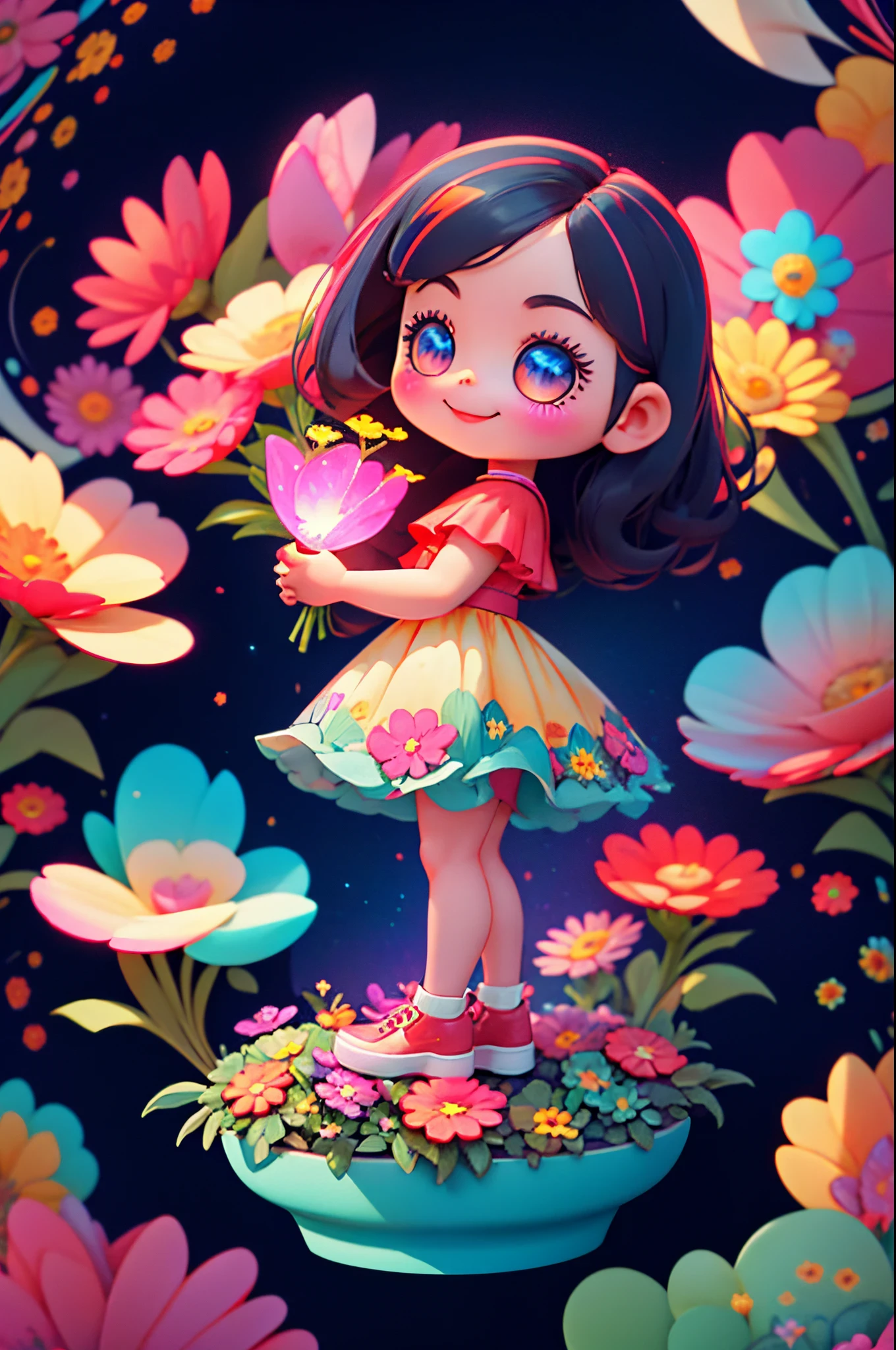 Extremely detailed,(Fractal Art:1.1),(Colorful:1.1)(Flowers:1.3)、 (Dynamic Pose), (Abstract background:1.3)、(Many colors:1.4)、Place one small doll on a circular stand、kawaii pose、A smile、A dark-haired、Chibi Doll、Stars in the eyes（kirakira）、Singing with microphone in hand、Eye Up、Laugh、Cute red shoes、Ultra Detail, radiant light、bio luminescent、Stronger bokeh effect、Taken from the side