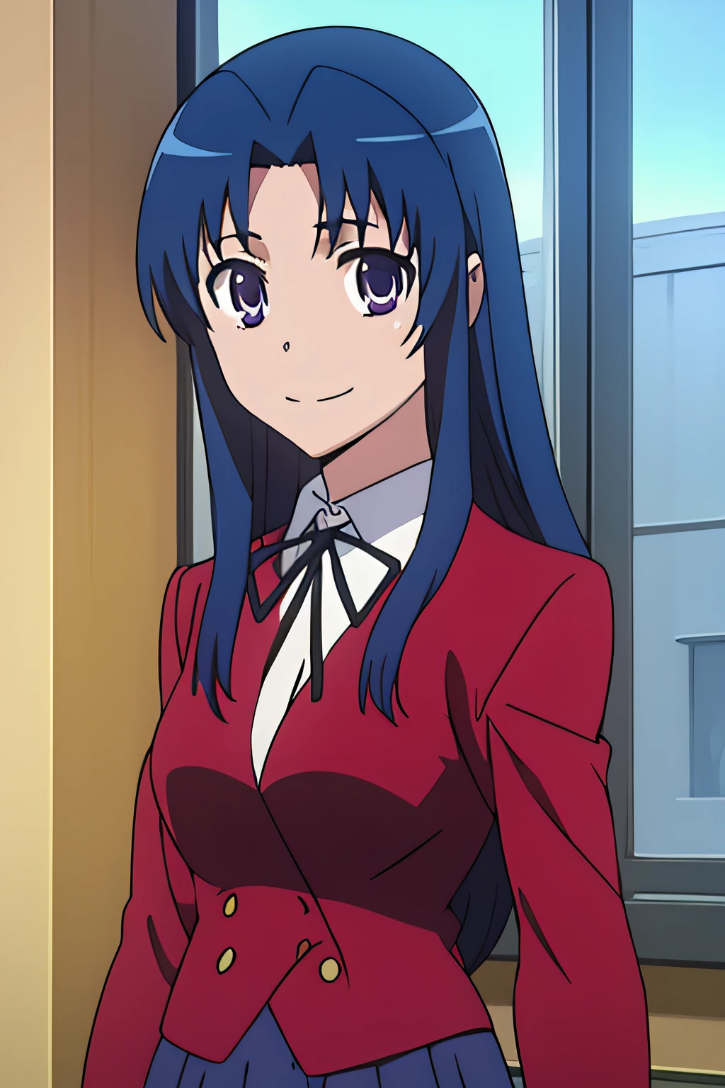 1girl, solo, upper body, facing viewer, looking at viewer, smile, AMI, BLUE HAIR, LONG HAIR, PURPLE EYES, BANGS, oohashi high school uniform, skirt, pleated skirt, blue skirt, blazer, neck ribbon