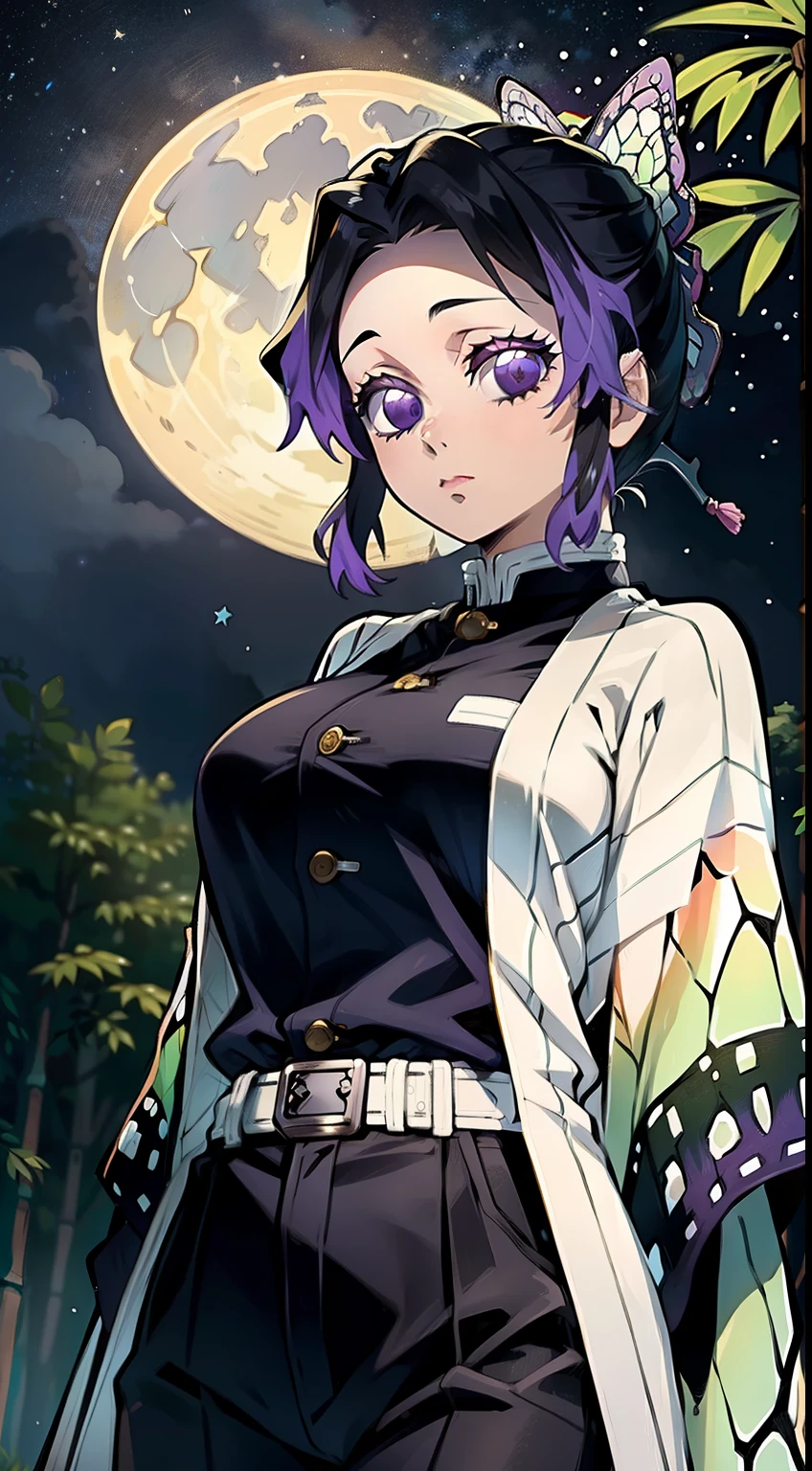 Masterpiece, Best Quality, hight resolution, 1girl, 独奏, Kocho Shinobi, Master Parts, beste-Qualit, supreme, 1girll, In the bamboo forest，There is a huge bright moon in the background, Kochou Shinobu, large butterfly clip in hair, butterfly hair jewelry, violet eyes, multi-colored hair, Short hair, Separate lane, haori, White Japanese cloak, Longer sleeves, black pantsuit, black jacket, belt, Character looking at camera，Decorate your hair with a bow tie, violet eyes, multi-colored hair, Short hair, Parted bangs, Black pants, black jacket, long sleeves, belt, Cowboy shot, in the woods, Looking at the starry sky, Close your mouth, Night with countless stars, the Milky Way