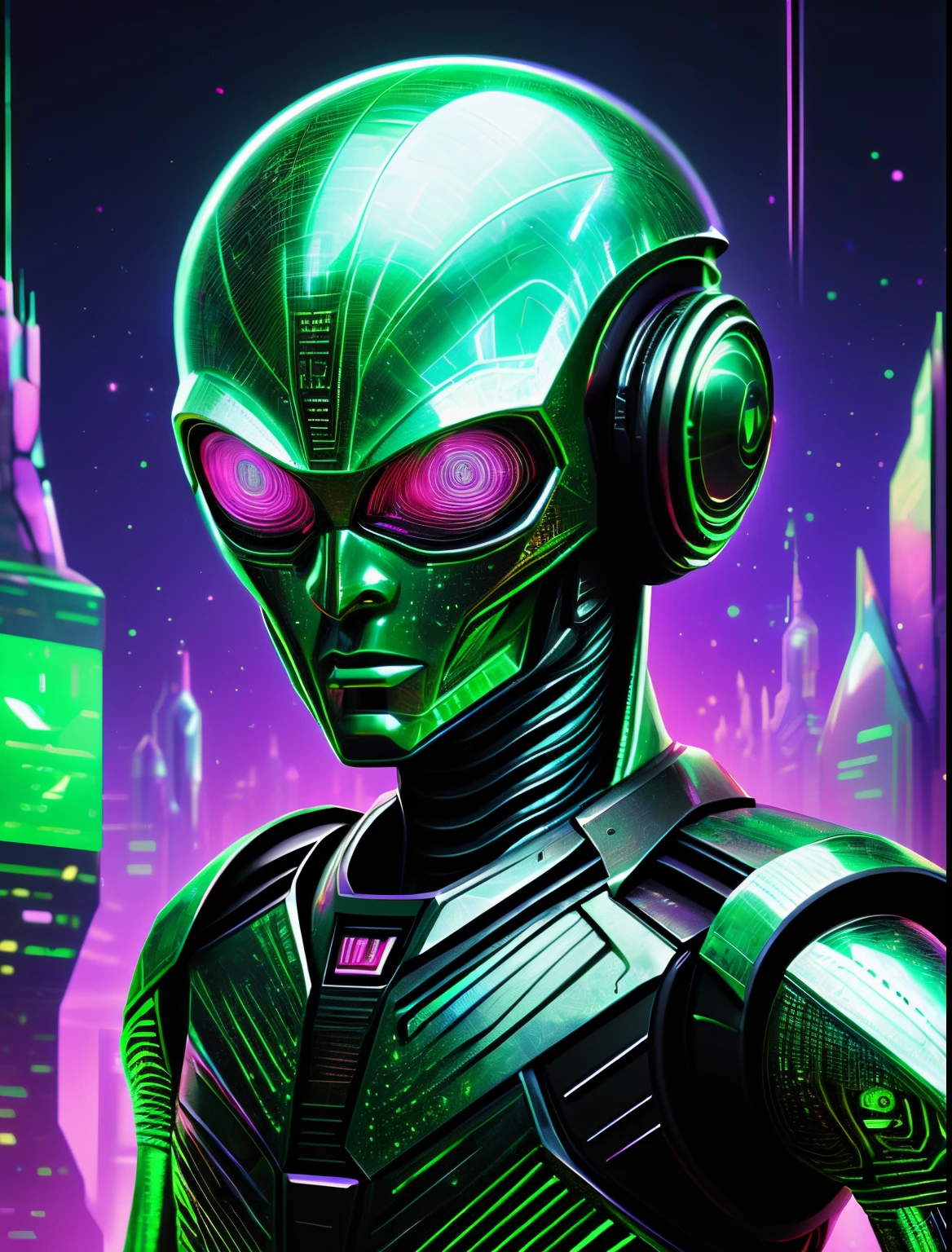 sexy strange alien posing, ((best quality)), ((masterpiece)), ((realistic,digital art)), (hyper detailed),holographic hologram DonMCyb3rSp4c3 City,