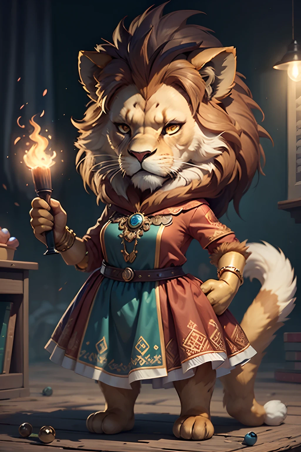 (woman in party dress)Cartoon anthropomorphic toy lion