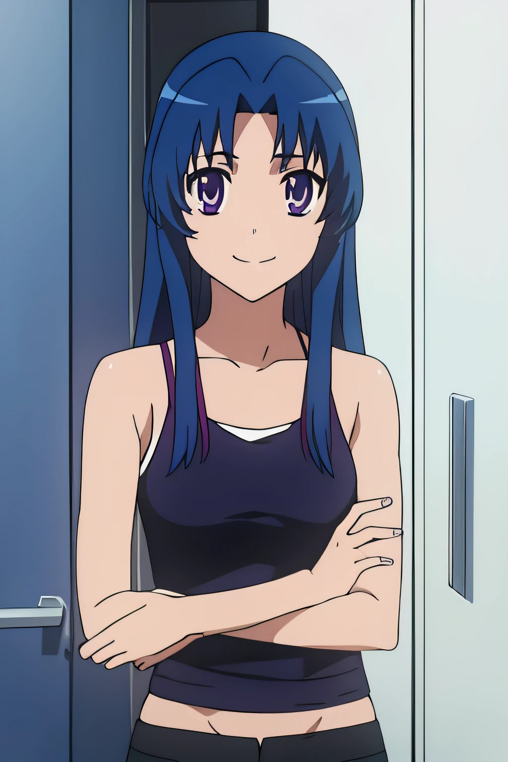 1girl, solo, upper body, facing viewer, looking at viewer, smile, AMI, BLUE HAIR, LONG HAIR, PURPLE EYES, BANGS, tank top, bare shoulders, black pants