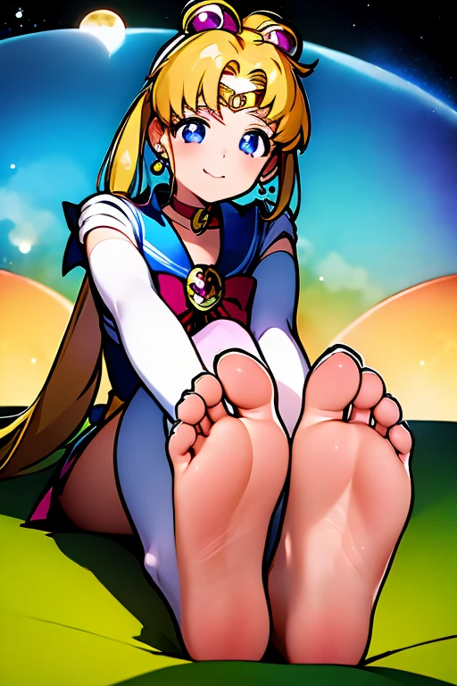 Masterpiece, best quality, (1 girl), with Sailor Moon super Sailor Moon costume, sitting on the floor, smiling, happy, a big yellowish full moon behind her, white gloves, blue eyes, galaxy background, sailor uniform white senishi, with a large red bow on her chest, a navy blue skirt, circular gold hair clips with a red center on top of her head, one on the right and one on the left, a red bow on her chest, a heart brooch, earrings, half moon, heart necklace, very long blonde hair, two very long pigtails, one on the left and one on the right that reach the floor, crescent moon earrings, yellow tiara on the forehead with a small red circle in the middle , yellow collar, sitting, legs stretched forward, barefoot, showing soles. of her feet, the soles of her feet are big and smell bad, the shape of the perfect foot, five toes,perfect anatomy of the feet, stinky feets, five toes on the right foot, five toes on the left foot, perfect anatomy of the right foot, perfect anatomy of the left foot, five toes on the right foot, five toes on the left foot, perfect anatomy of the right foot, perfect anatomy of the left foot,anime, Sailor Moon