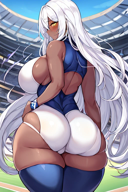 1girl, large breasts, breasts, thick thighs, wide hips, blue eyes, from behind, dark skin, white hair, sportswear, stadium, from behind, yellow eyes, ass, shy, blush, timid