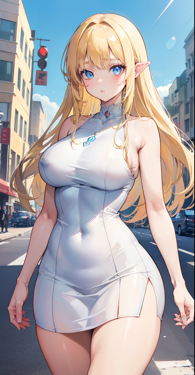 ((masterpiece)), ((4k quality)), ((anime style)), girl, light skin, light blue eyes, eyebrows, nose, ears, mouth lips, blonde, big straight hair, highlights, bangs, (light effects on hair), neck, (perfect tummy), waist, (tight dress), thick legs, thick thighs, (background scenery), on the street, beautiful day, (ultra detailed street)