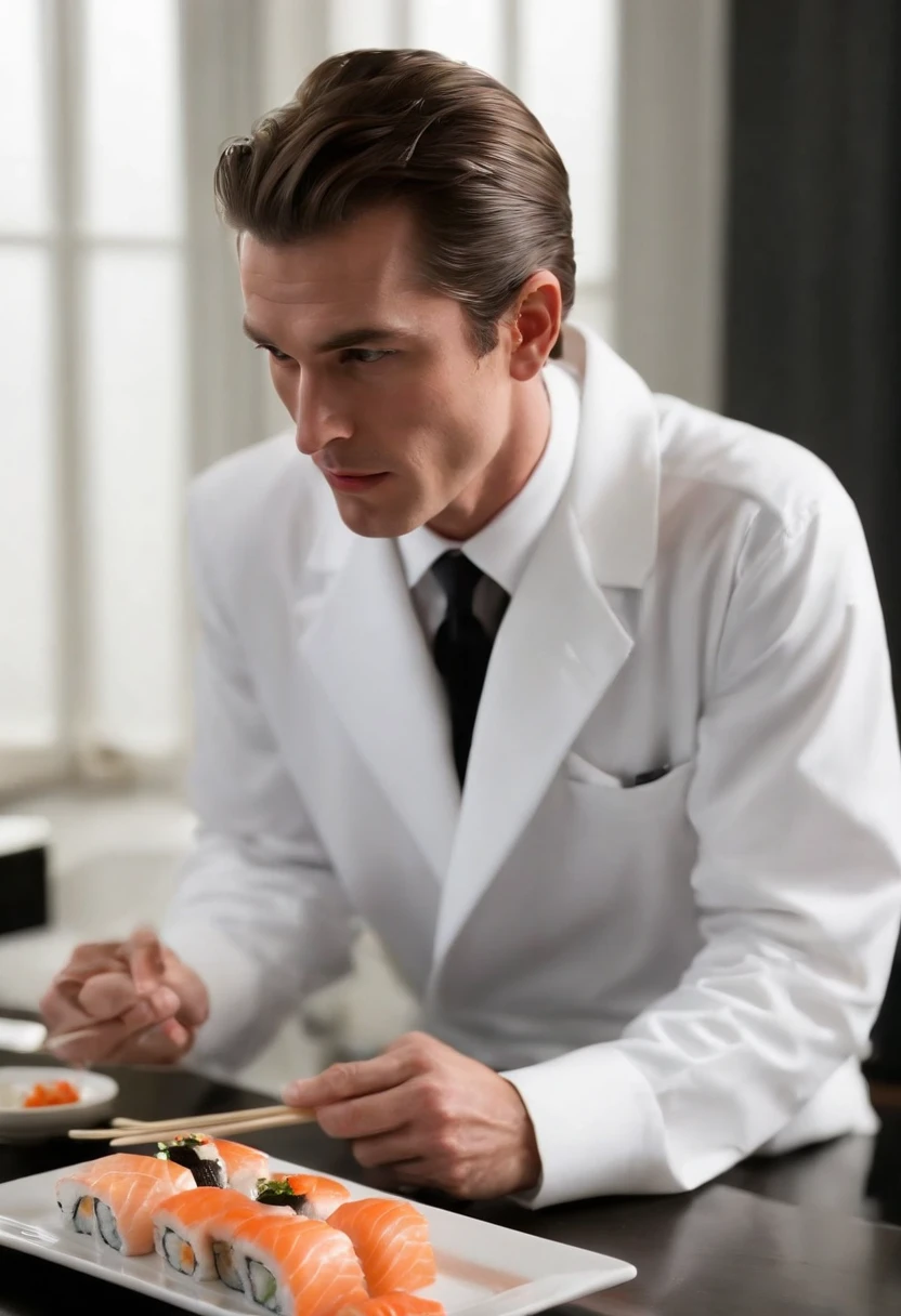 A close-up photo of a beautifully arranged plate of sushi,American Psycho (2000 film),Patrick Bateman, the protagonist of “American Psycho,” is depicted as a quintessential 1980s Wall Street yuppie with a polished appearance: slicked-back hair, a chiseled, handsome face, and an impeccable wardrobe that underscores his obsession with status and material success. His physique is well-maintained with rigorous exercise, reflecting his vanity and concern with external perceptions.
