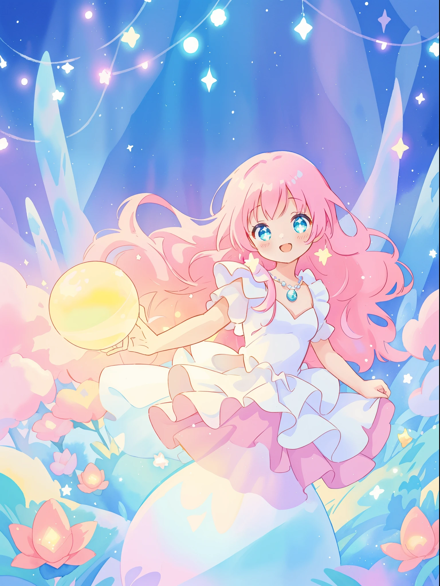 beautiful girl in sparkling white dress holding a magical sphere, ((sparkling puffy layered ballgown)), (magical, whimsical), (glowing magical orb), long flowing colorful hair, colorful fantasia background, watercolor illustration, disney art style, glowing aura around her, glowing lights, beautiful digital illustration, fantasia otherworldly landscape plants flowers, beautiful, masterpiece, best quality, anime disney style