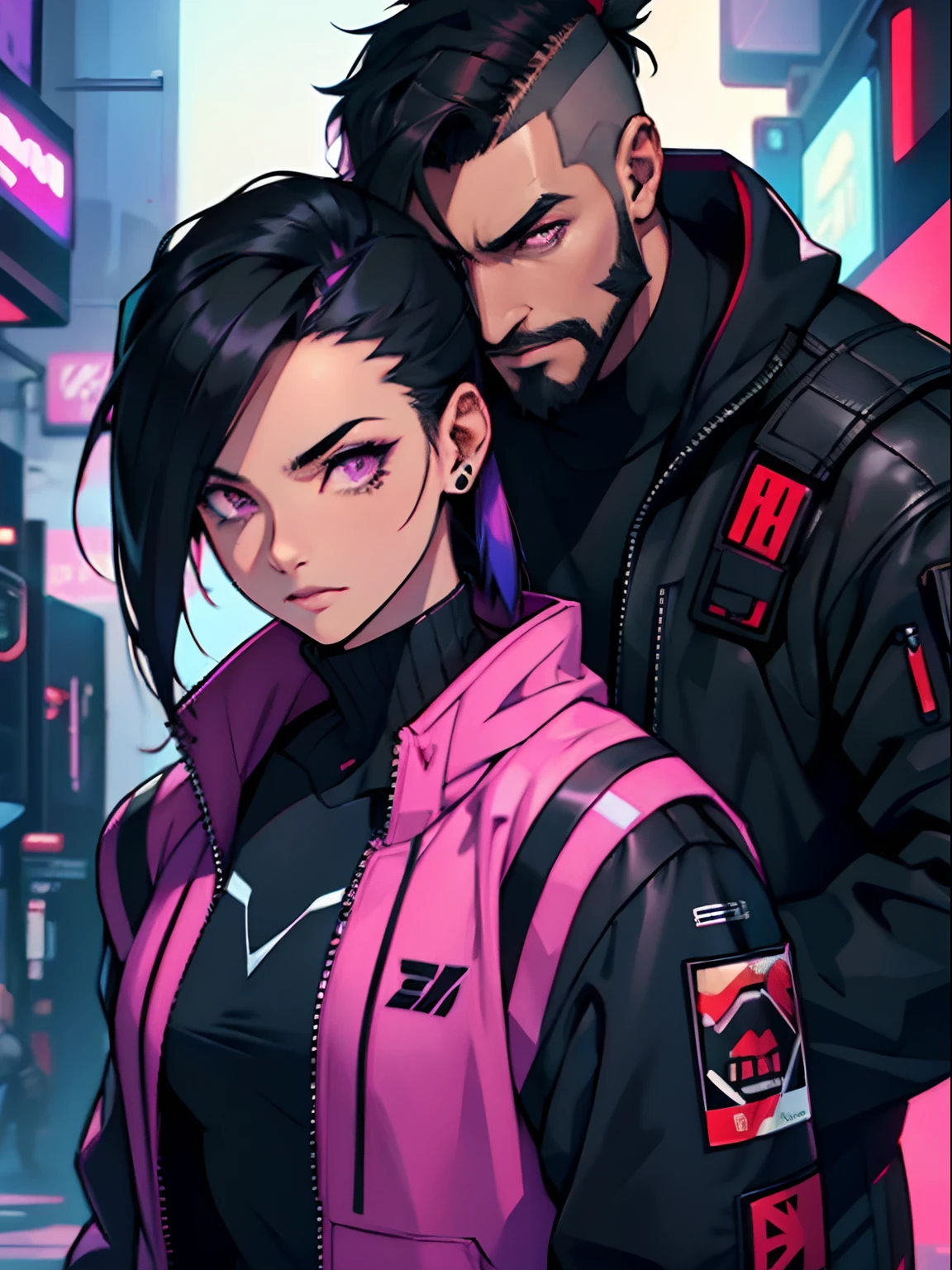 A man with brown skin, strong, muscular, cyberpunk, around 22 years old, stylish, red eyes, red and black clothes, very short black hair with sidecut, with beard. And a woman asian, gamer, cyberpunk, programmer, around 22 years old, medium black hair down to her shoulders with purple tips, purple and black clothes and purple eyes. Couple