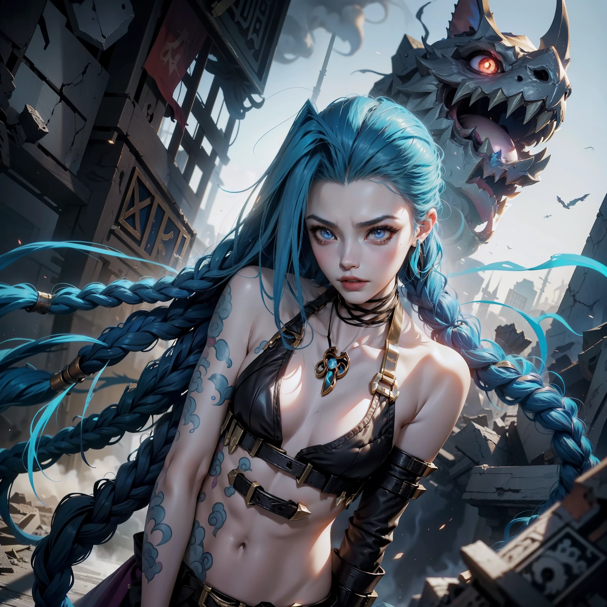 《league of legend》Jinx is surrounded by smoke in the rubble explosion，（Correct character proportions：1.1）（Beautifully carved fingers：1.3）（Crazy expression：1.5）irate
