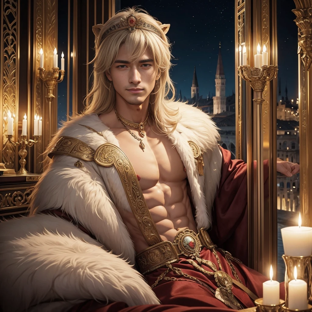 Men who are resurrected bodies of the Roman Emperor Constantine the Great。Renowned journalist and travel writer。34 years old。Mature、independent。Deep smile。kind and tender。sincere and sincere。gentleman。Usually calm but、Ruthless and unforgiving when necessary。Bright and sharp eyes。Dangerous attraction。elegance。Fluffy hair。thick neck。broad shoulder。Strong mind and body。Overflowing with the personality of a lion-like ruler。Venetian night scene background。digitalart。concept-art。super reality illustration。modern and classic。opulent。elegan。lusciousness。masterpiece。ultra-quality。ultra-definition。Delicate and vivid。Detailed and elaborate。Romantic。lyrical。Dramatic。heartful。nostalgia。Hope for the future。The world of romance novels。