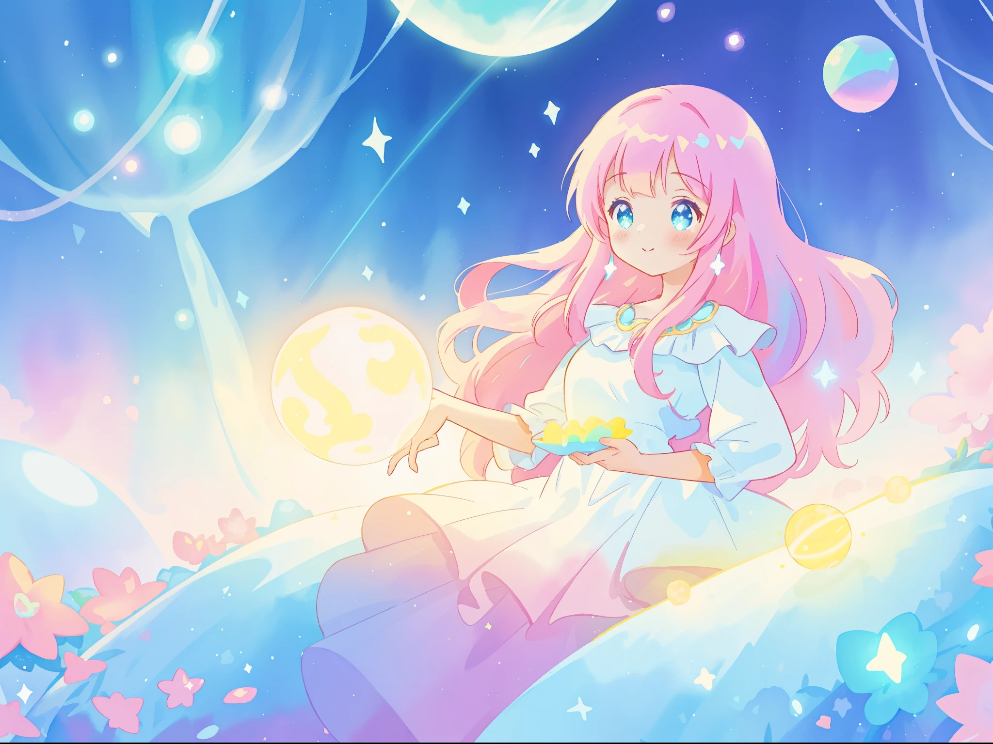 beautiful girl in sparkling white dress holding a magical sphere, ((sparkling puffy layered ballgown)), (magical, whimsical), (glowing magical orb), long flowing colorful hair, colorful fantasia background, watercolor illustration, disney art style, glowing aura around her, glowing lights, beautiful digital illustration, fantasia otherworldly landscape plants flowers, beautiful, masterpiece, best quality, anime disney style