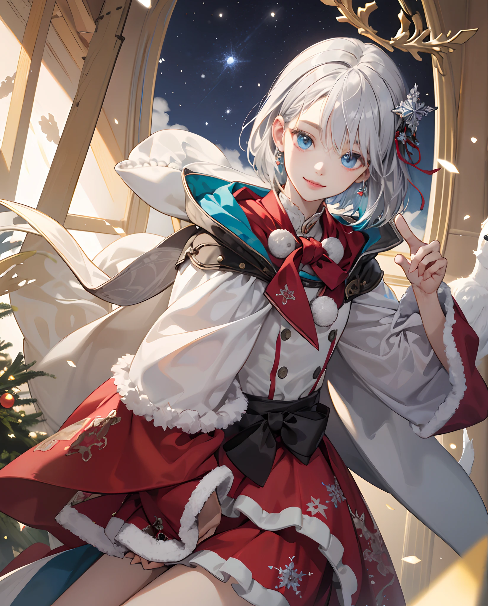 ​masterpiece、top-quality、超A high resolution、2D Beautiful Girl、animesque、teens girl、Silvery hair、short-haired、ornament hair ornament、Beautiful blue eyes、The clothes are also depicted in detail、Eyes are depicted in detail、The face is depicted in detail、sorcerer、Christmas、soio、Gentle smile、hair adornments、animesque、illustratio、Full body front