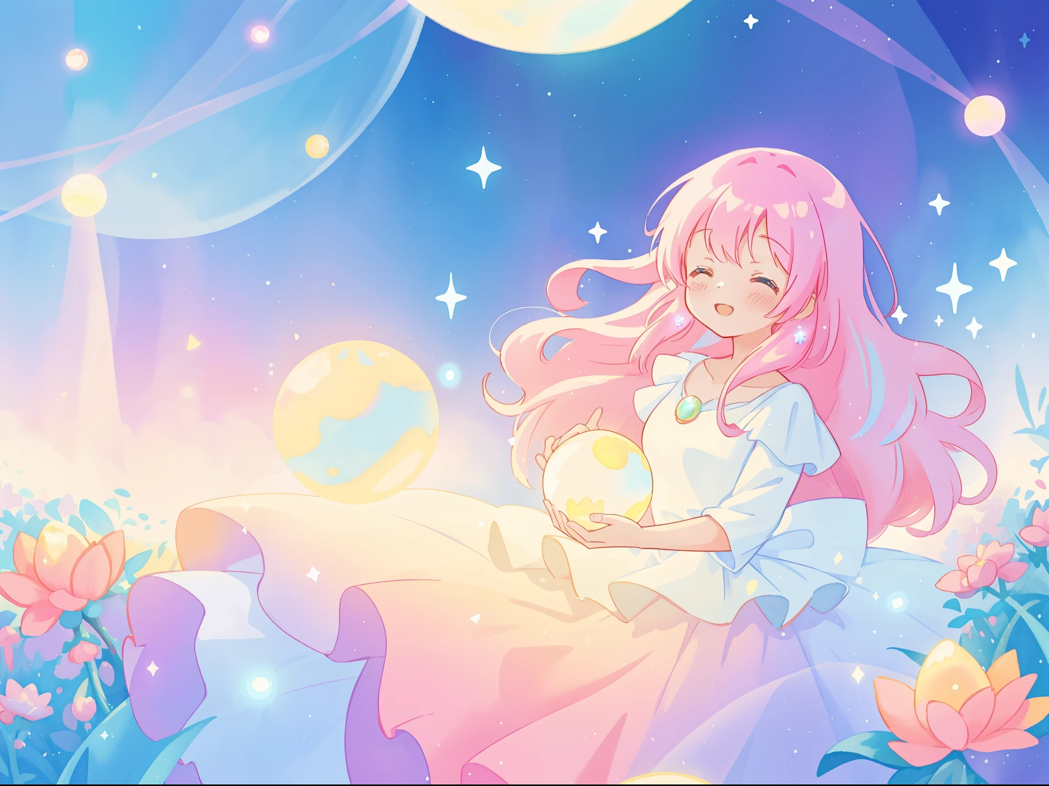 beautiful girl in sparkling white dress holding a magical sphere, ((sparkling puffy layered ballgown)), (magical, whimsical), (glowing magical orb), long flowing colorful hair, colorful fantasia background, watercolor illustration, disney art style, glowing aura around her, glowing lights, beautiful digital illustration, fantasia otherworldly landscape plants flowers, beautiful, masterpiece, best quality, anime disney style