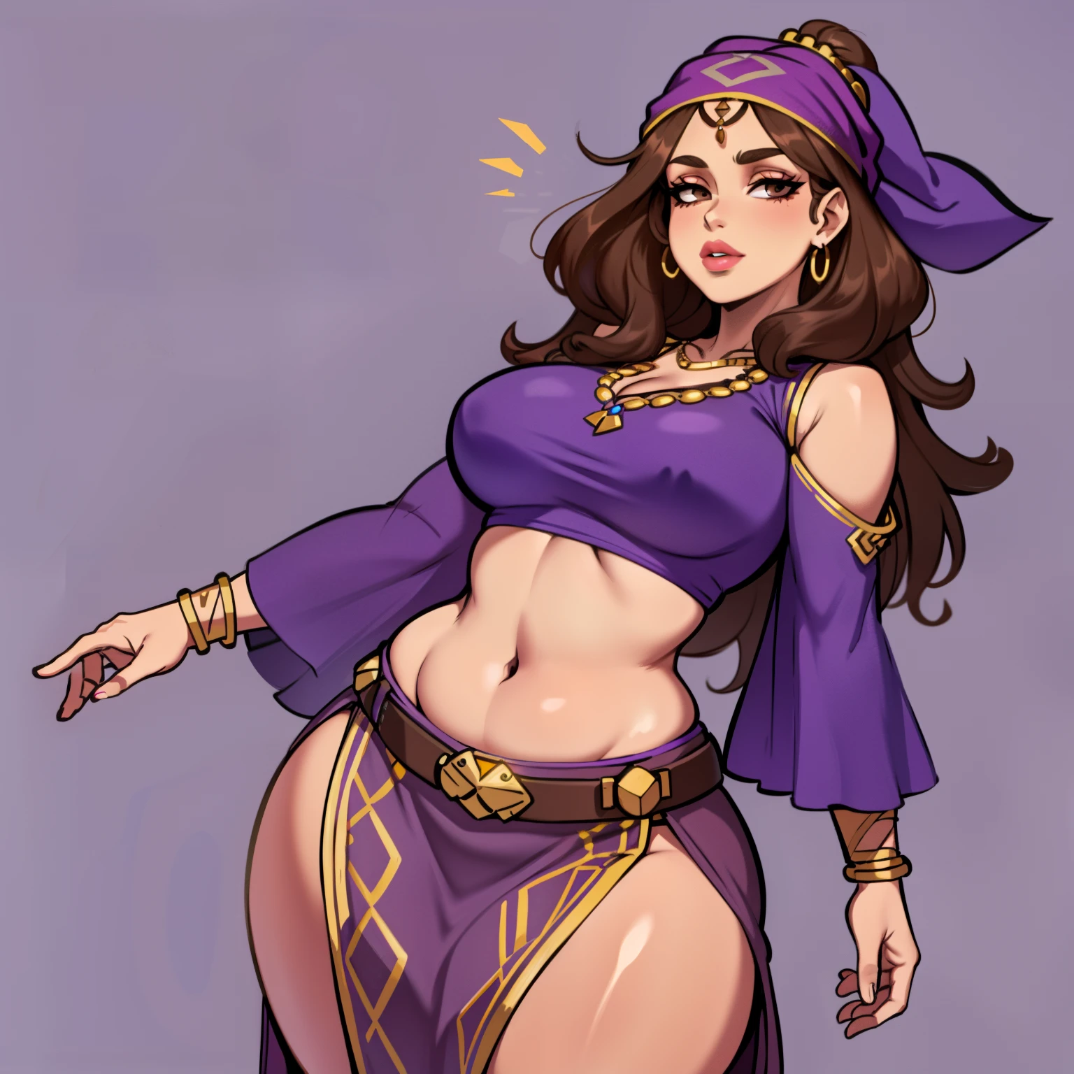 gypsy woman, curvy hips, with light brown hair, with brown eyes, plump lips, a bandanna around her head like how pirates use to do, has a crop top shirt with flared sleeve and a matching flowy skirt, solo, alone, (SOLO)(ALONE), violet colored clothing, violet clothes