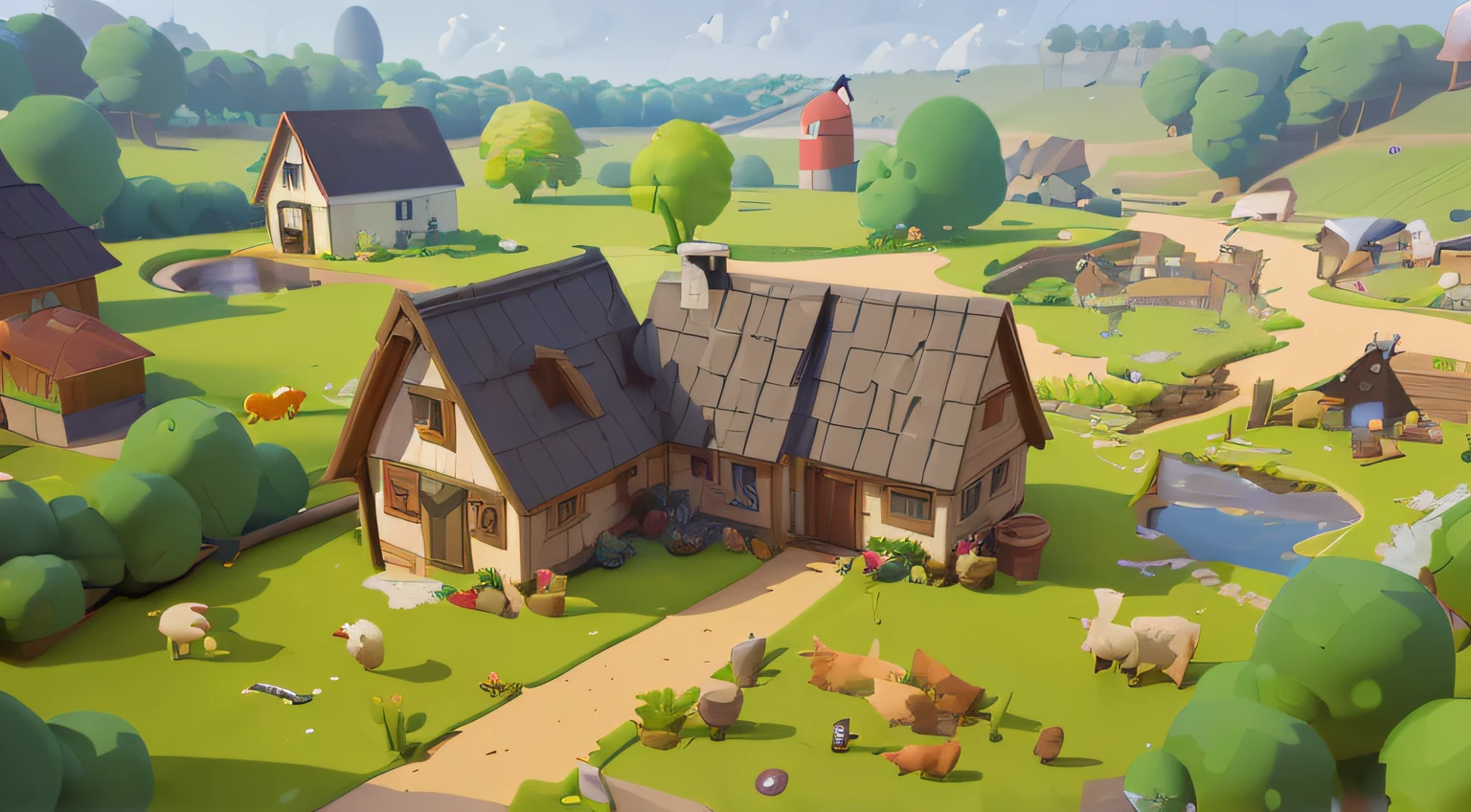 Game architecture design,Cartoonish,ranch,stans,ponds,small boats,grassy,farm house,Small river,pay,The tree,Small animals, casual game style, 3D, tmasterpiece, super detailing,Best quality