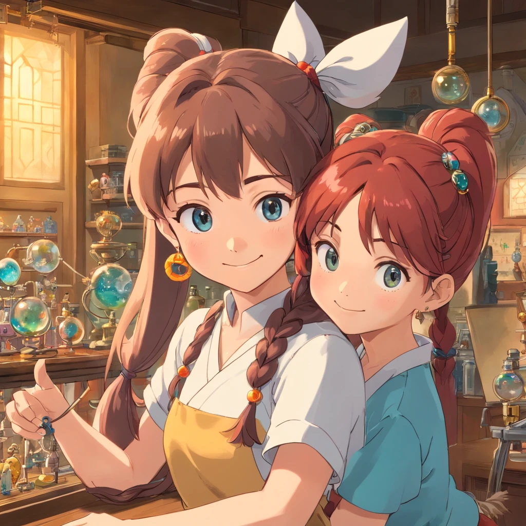 best quality, ((masterpiece)), highly detailed, female scientists and her daughter, smile, shy, double twisted pony tails, hair styled in loose waves, cute hair accessories, wearing lots of jewelry, earings, bracelets