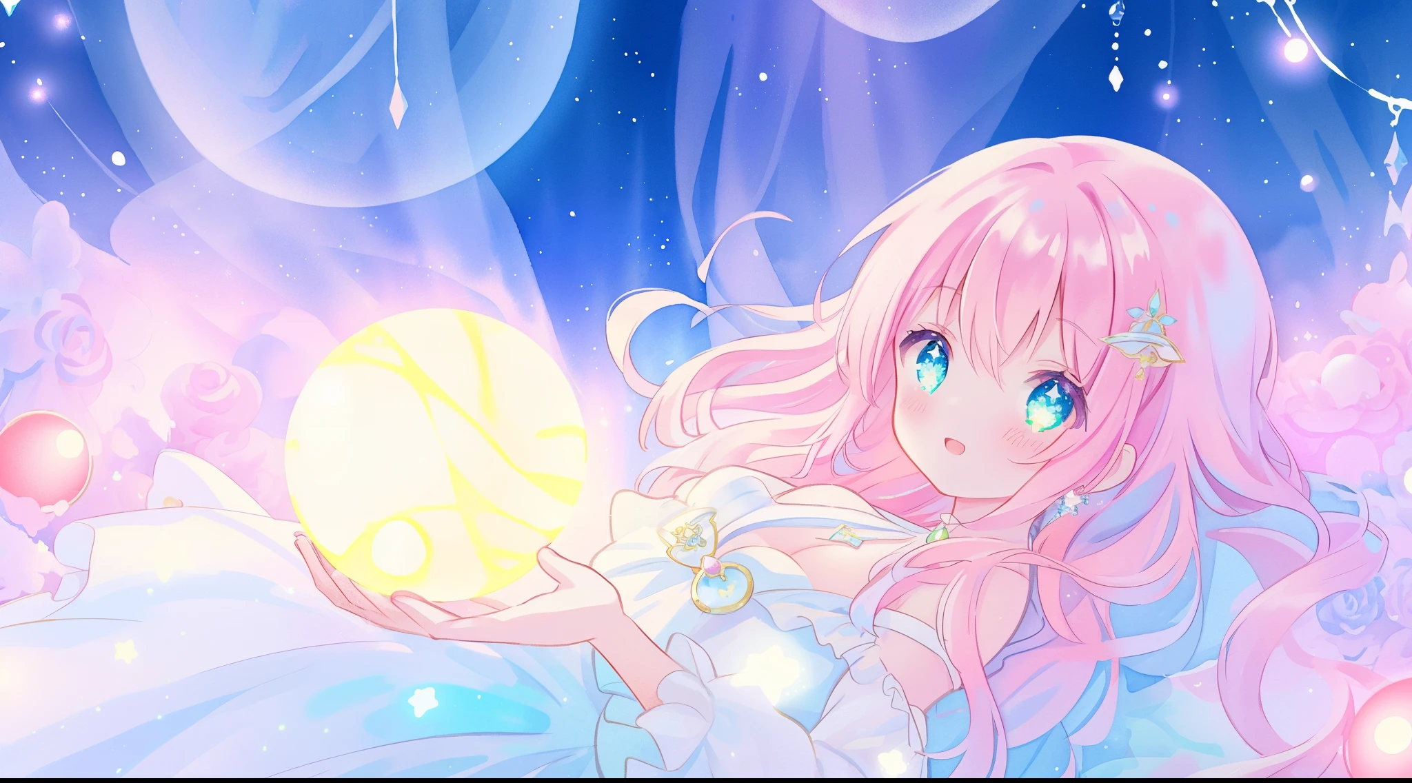beautiful girl in sparkling white dress holding a magical sphere, ((sparkling puffy layered ballgown)), (magical, whimsical), (glowing magical orb), long flowing colorful hair, colorful fantasia background, watercolor illustration, disney art style, glowing aura around her, glowing lights, beautiful digital illustration, fantasia otherworldly landscape plants flowers, beautiful, masterpiece, best quality, anime disney style
