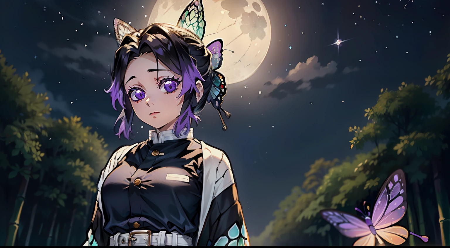 Masterpiece, Best Quality, hight resolution, 1girl, 独奏, Kocho Shinobi, Master Parts, beste-Qualit, supreme, 1girll, In the bamboo forest,There is a huge bright moon in the background, Kochou Shinobu, large butterfly clip in hair, butterfly hair jewelry, violet eyes, multi-colored hair, Short hair, Separate lane, haori, White Japanese cloak, Longer sleeves, black pantsuit, black jacket, belt, Character looking at camera,Decorate your hair with a bow tie, violet eyes, multi-colored hair, Short hair, Parted bangs, Black pants, black jacket, long sleeves, belt, Cowboy shot, in the woods, Looking at the starry sky, Close your mouth, Night with countless stars, the Milky Way