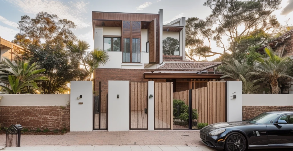 RAW photo,Masterpiece, high quality, best quality, authentic, super detail, townhouse, modern house,( brick wall:1.2) , glass windows, (wooden ceiling:1.1), railing glass, gate, fence, (curve:1.1),tropical trees, day, beautifu sky, (high detailed :1.2), 8k uhd, dslr, soft lighting, high quality, film grain, Fujifilm XT3