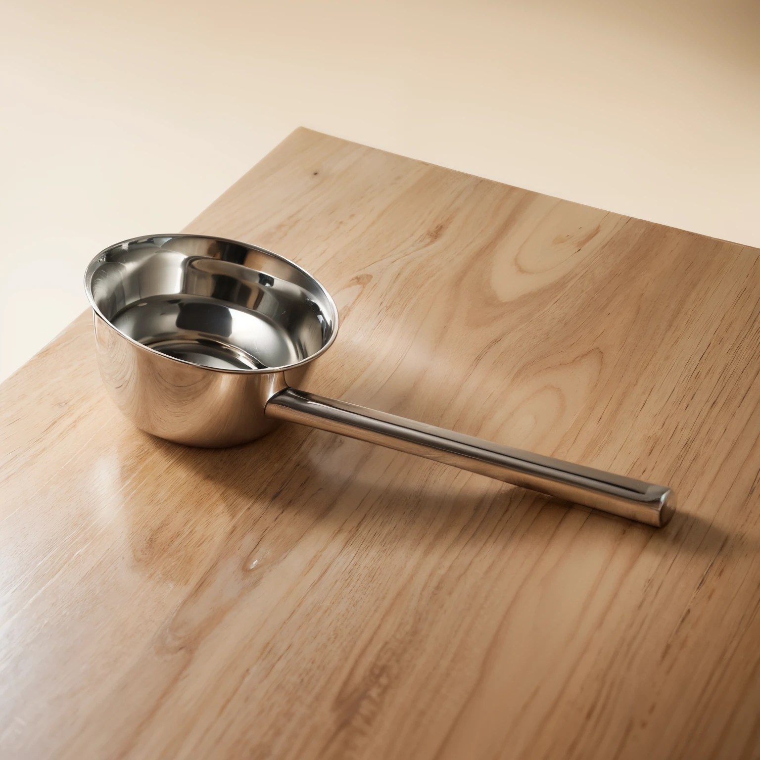 (Best quality, ultra - detailed, actual:1.37), Close-up of metal measuring spoon with handle on kitchen table, Shiny surface, Made of stainless steel, Textured wooden table, natural lightting, Minimalist composition, neutral color palette, Clean and pristine environment, Precise measurement, Professional food photography aesthetics