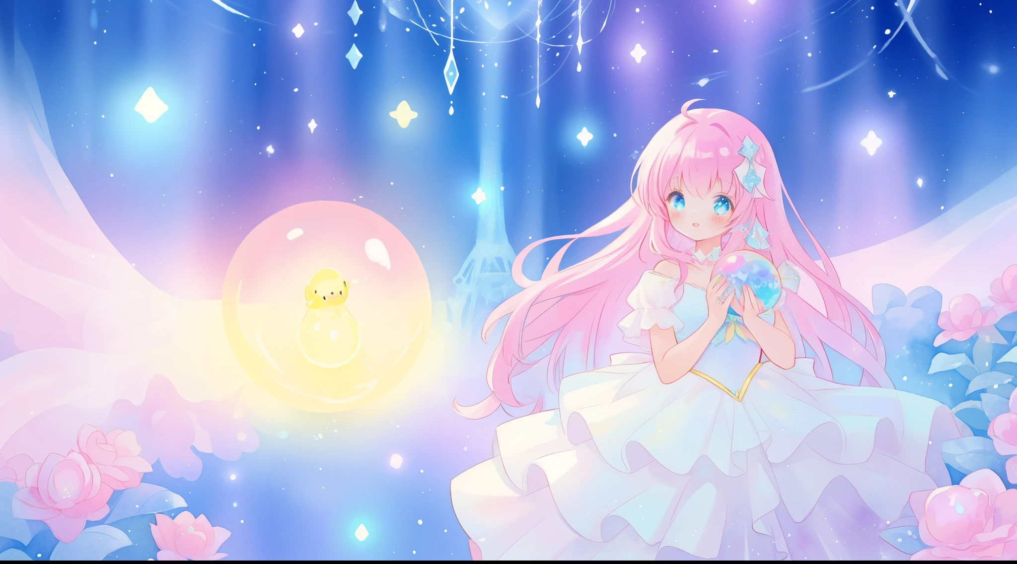 beautiful girl in sparkling white dress holding a magical sphere, ((sparkling puffy layered ballgown)), (magical, whimsical), (glowing magical orb), long flowing colorful hair, colorful fantasia background, watercolor illustration, disney art style, glowing aura around her, glowing lights, beautiful digital illustration, fantasia otherworldly landscape plants flowers, beautiful, masterpiece, best quality, anime disney style