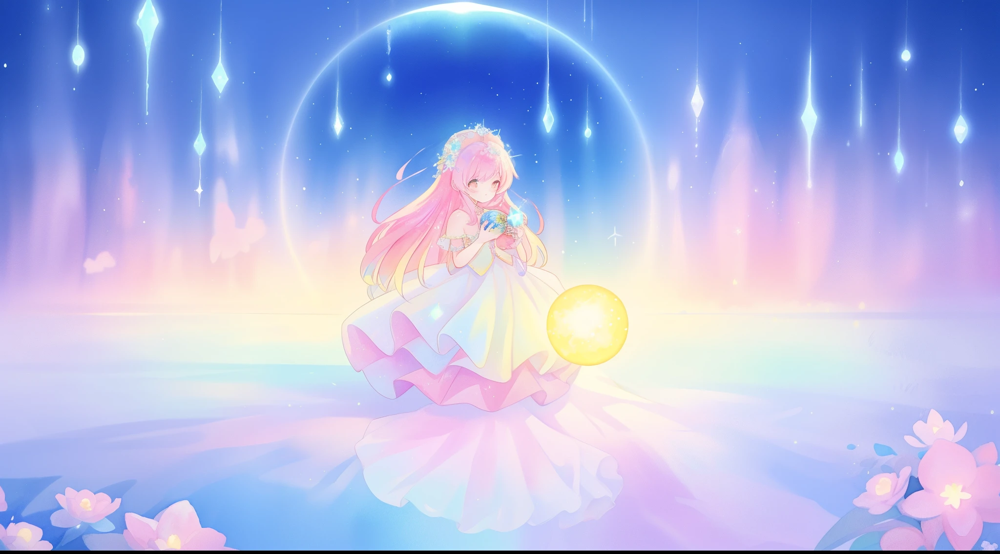 beautiful girl in sparkling white dress holding a magical sphere, ((sparkling puffy layered ballgown)), (magical, whimsical), (glowing magical orb), long flowing colorful hair, colorful fantasia background, watercolor illustration, disney art style, glowing aura around her, glowing lights, beautiful digital illustration, fantasia otherworldly landscape plants flowers, beautiful, masterpiece, best quality, anime disney style