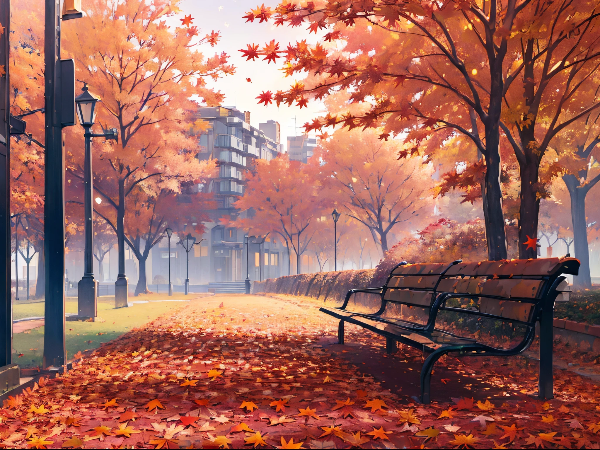 (autumn:1.6), Belo Horizonte, Park, bench, empty park, NOhumans, falling leaves, late autumn, a lot of houses, street, Late Autumn, A little snow, empty street, dark tones, grey, morning