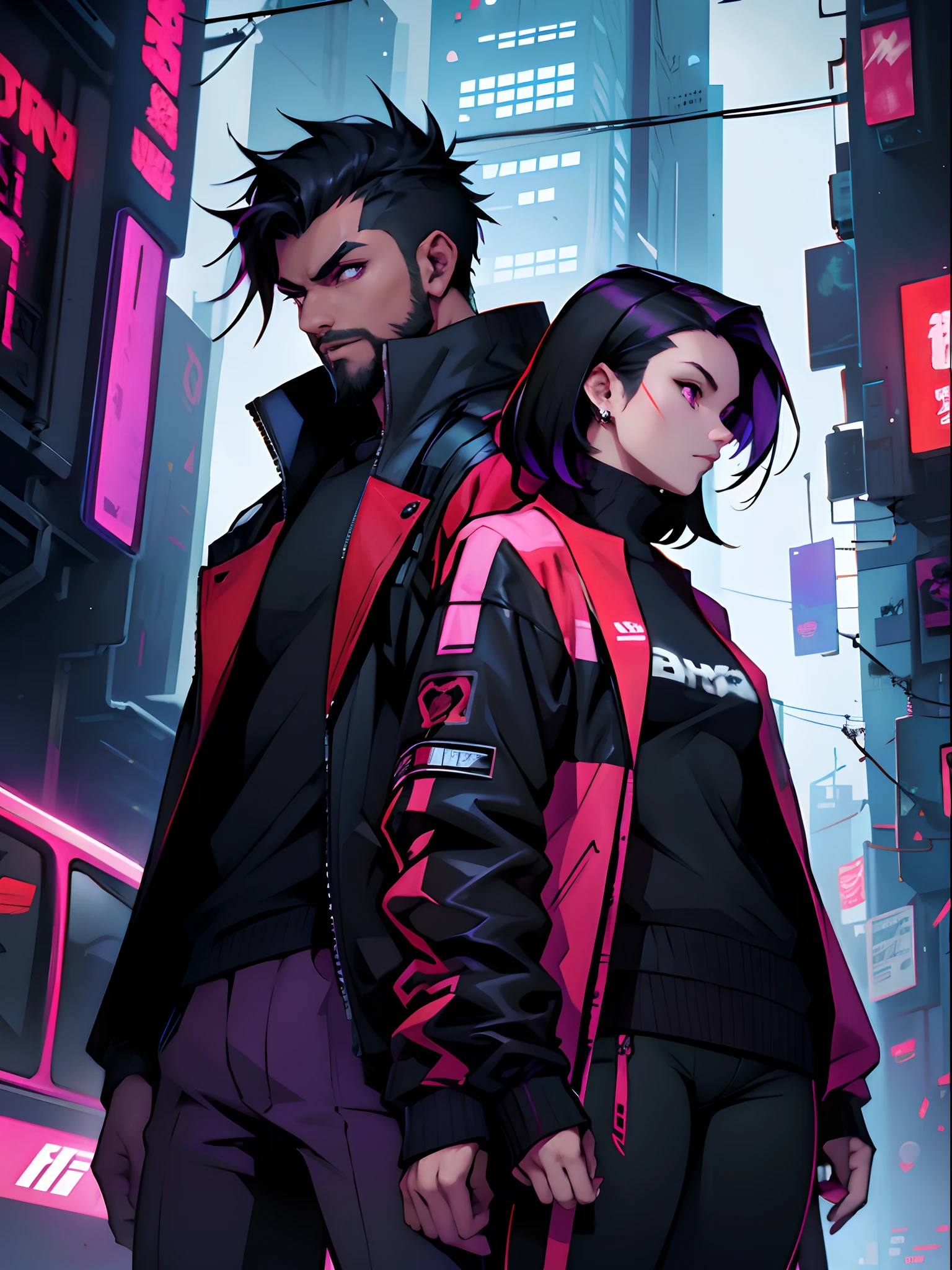 A man with brown skin, strong, muscular, cyberpunk, around 22 years old, stylish, red eyes, red and black clothes, very short black hair with sidecut, with beard. And a woman asian, gamer, cyberpunk, programmer, around 22 years old, medium black hair down to her shoulders with purple tips, purple and black clothes and purple eyes. Couple