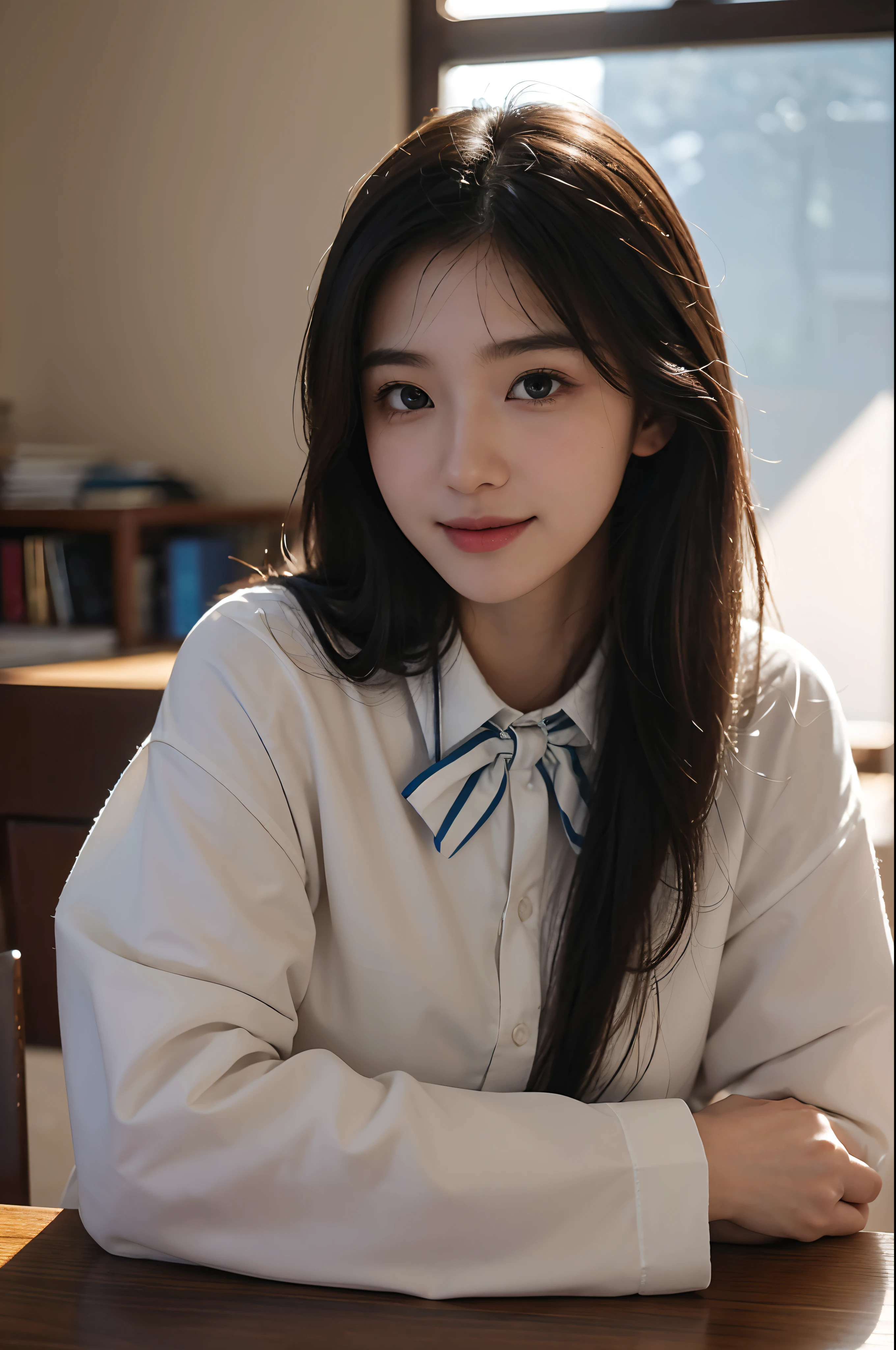 best qualtiy，tmasterpiece，超高分辨率，（真实感：1.4），RAW photogr，1girll，long whitr hair，Face Highlighting，Pure，Girly，Flushing，18yr old，18-year-old smiling female classmate，Pure，Innocent，（best qualtiy，8K，tmasterpiece:1.3），Goose egg face，largeeyes，long eyelasher，Exquisite（live-action realistic style），Star-like eyes，Ultimate face，Photorealistic light and shadow，Clear facial features，Milky white skin，Fair skin， highdetailskin， Realistic skin details， Visible Pore，（Super detail），（perfect bodies：1.1），long whitr hair，（dynamicposes），((Dynamic background((volumettic light：1.3))，‎Classroom，Plaid skirts，red bowtie，huge tit，White color blouse，There was a stack of books on the table，The blackboard is full of mathematical formulas