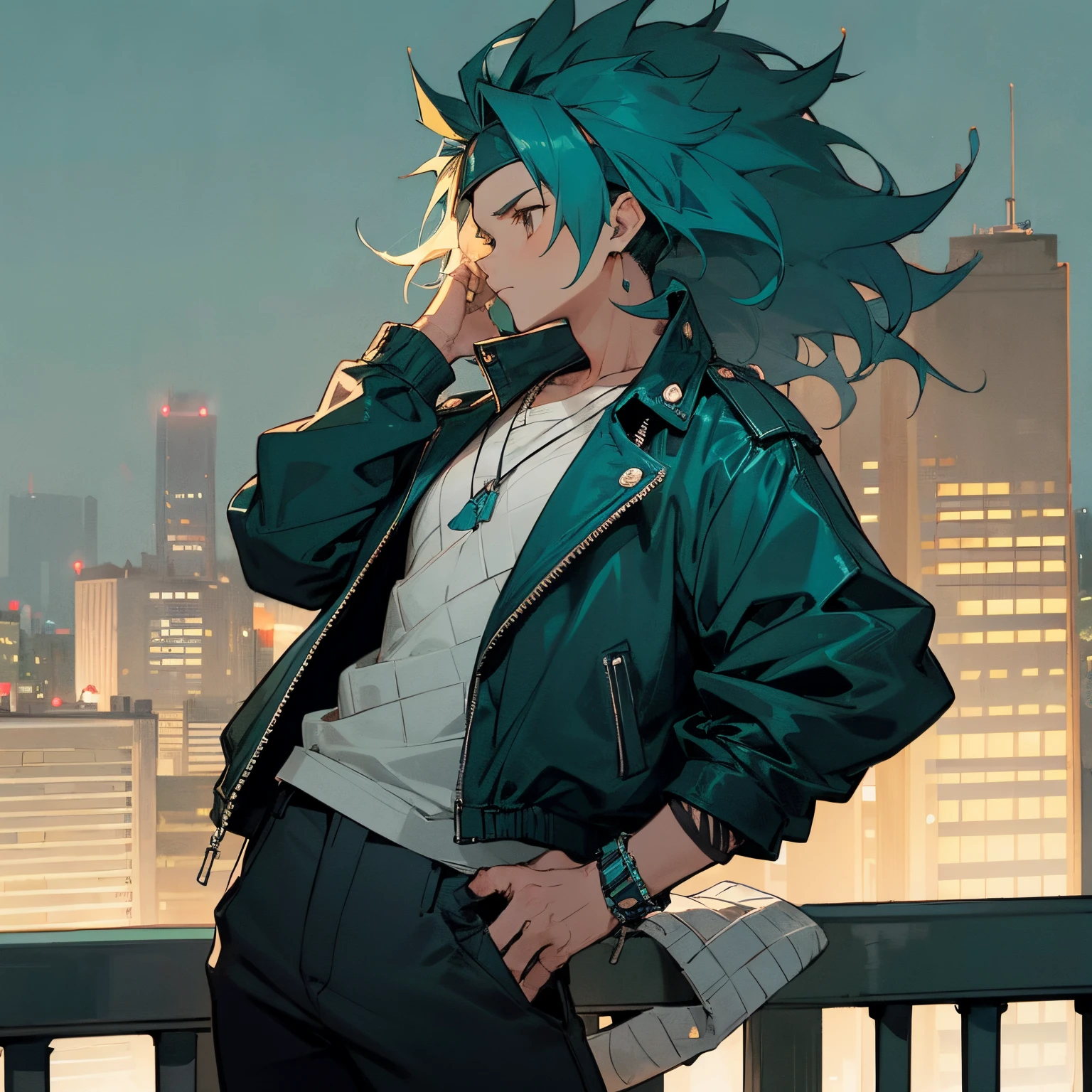 Medium Length Spiky Wavy hair , headband , bracelet , bandage on one arm , Teal Colored Hair , brown eyes , Black Biker Jacket and Black Pants , city background , standing infront of street , Messy Hair , 1male , Teen Male ,