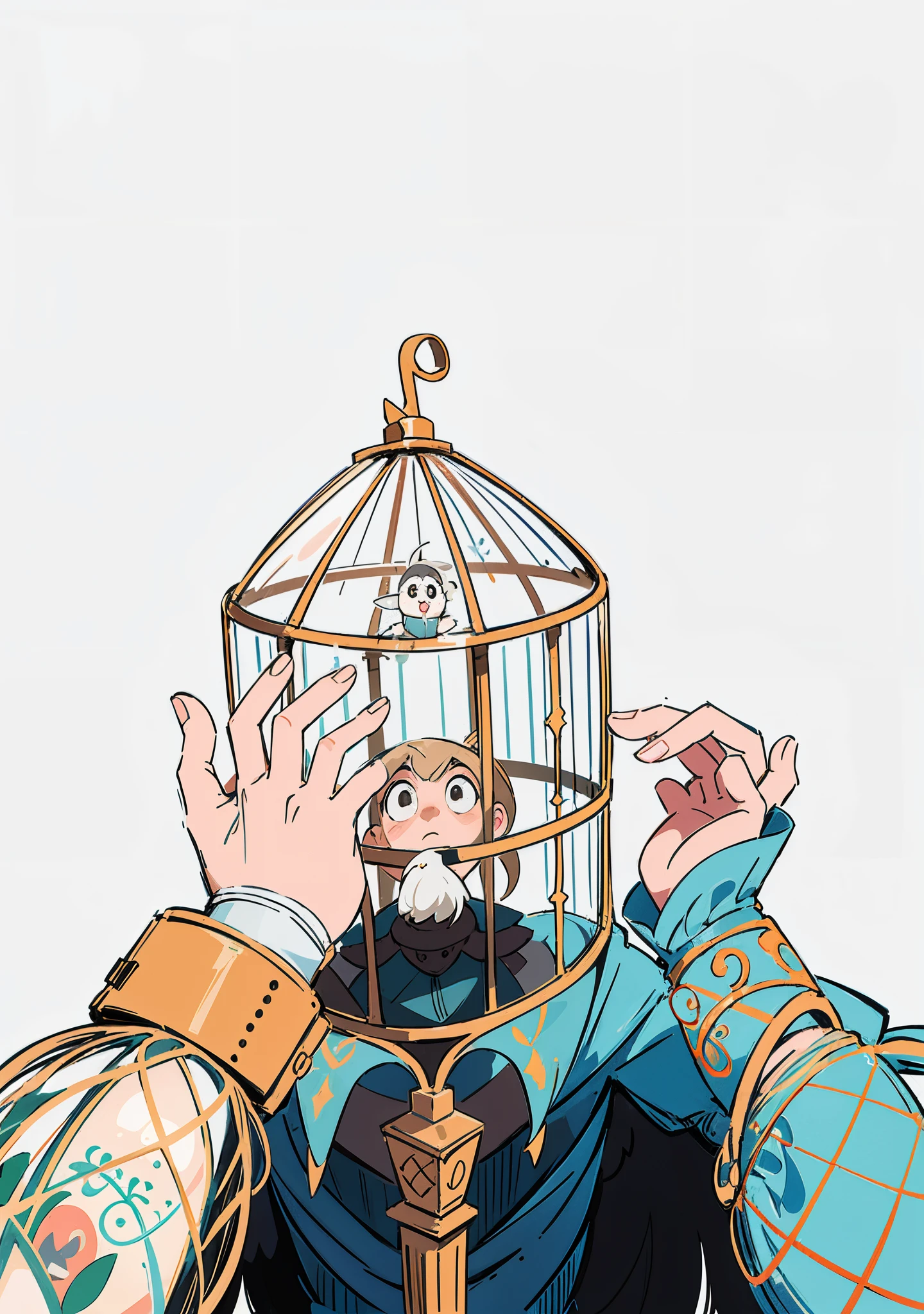 Someone lifted the birdcage above their head with their hands, wizard holding a cage, cage, Trapped self, cage, editorialillustrations, Stylized digital illustration, The self is trapped in physical reality, Donald Trump in jail, trapped inside the hourglass, photoillustration, Digital illustration, prisoner, conceptual drawing, girl with birdcage on head