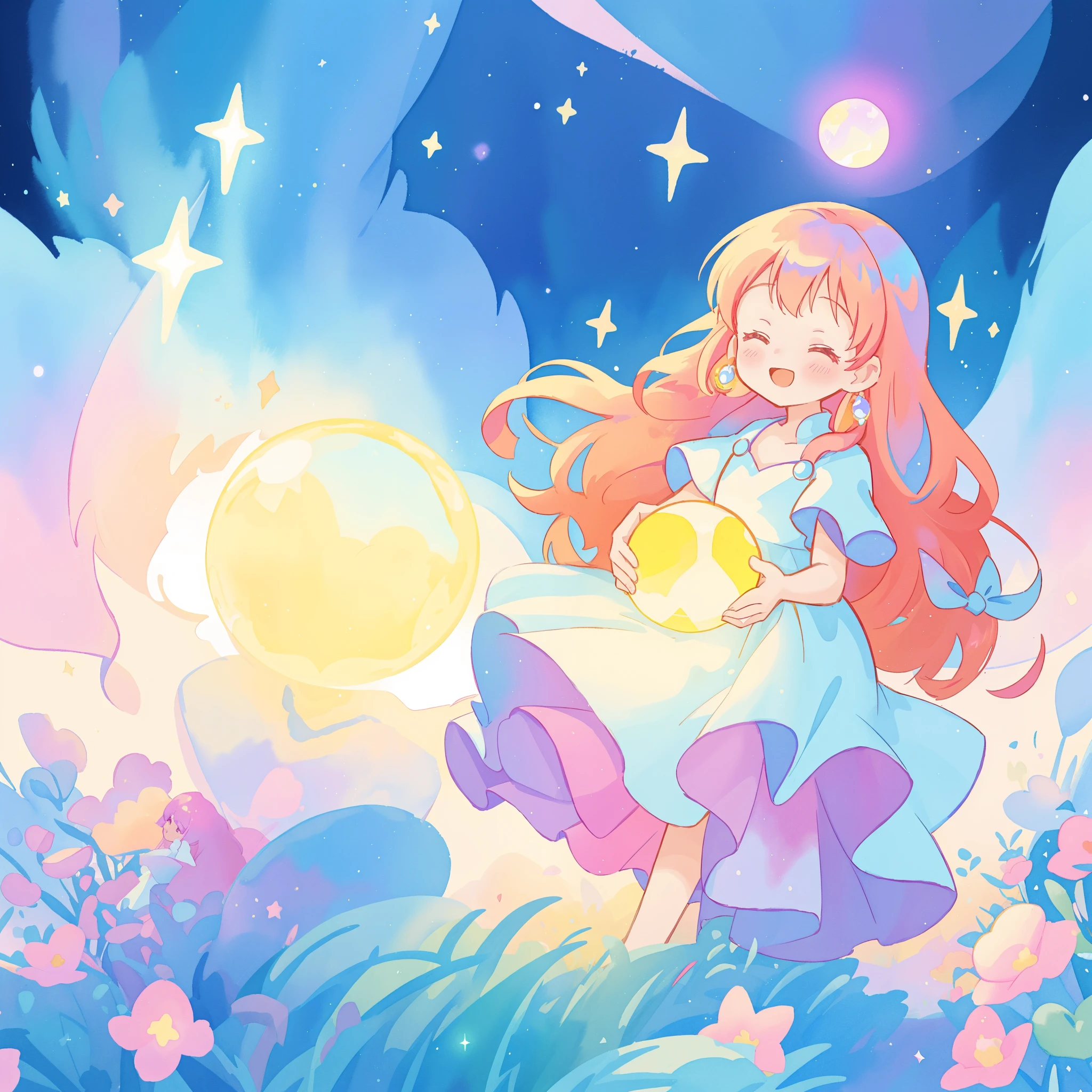 beautiful girl in sparkling white dress holding a magical sphere, ((sparkling puffy layered ballgown)), (magical, whimsical), (glowing magical orb), long flowing colorful hair, colorful fantasia background, watercolor illustration, disney art style, glowing aura around her, glowing lights, beautiful digital illustration, fantasia otherworldly landscape plants flowers, beautiful, masterpiece, best quality, anime disney style
