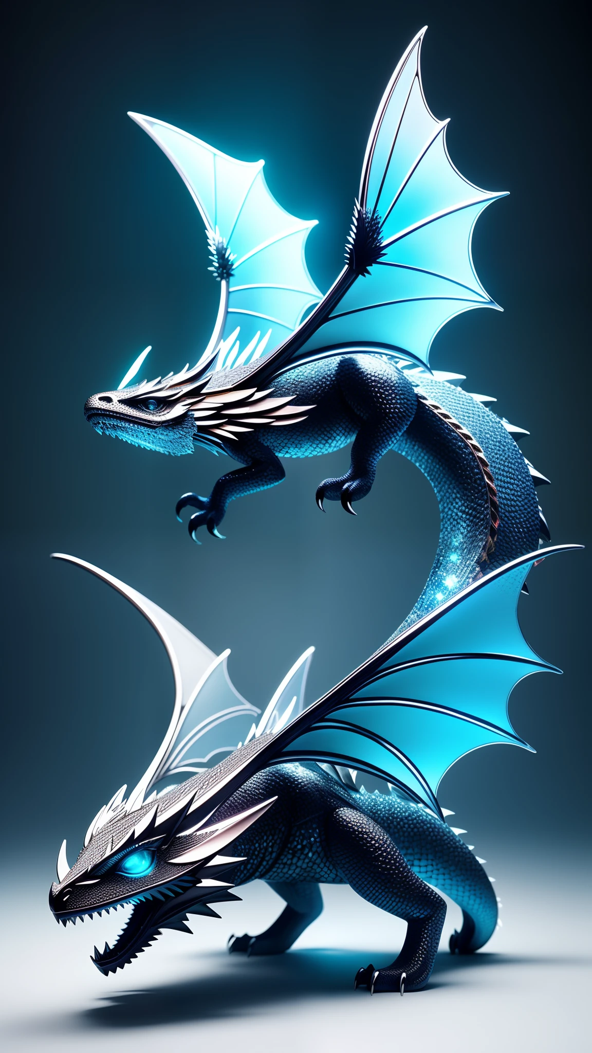 Create a minimalist logo with the shape of a dragon and cyan blue colors, black and gray