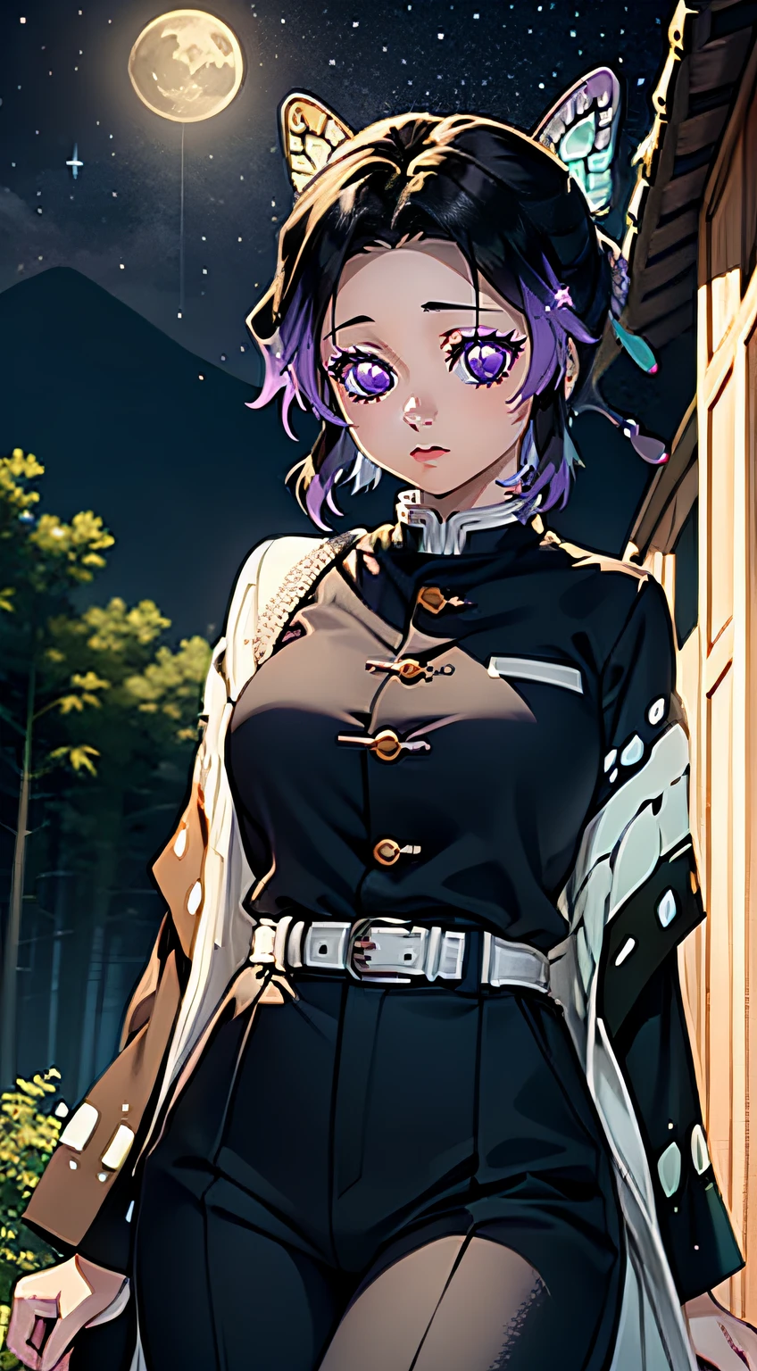 Masterpiece, Best Quality, hight resolution, 1girl, 独奏, Kocho Shinobi, Master Parts, beste-Qualit, supreme, 1girll, In the bamboo forest，There is a huge bright moon in the background, Kochou Shinobu, large butterfly clip in hair, butterfly hair jewelry, violet eyes, multi-colored hair, Short hair, Separate lane, haori, White Japanese cloak, Longer sleeves, black pantsuit, black jacket, belt, Character looking at camera，Decorate your hair with a bow tie, violet eyes, multi-colored hair, Short hair, Parted bangs, Black pants, black jacket, long sleeves, belt, Cowboy shot, in the woods, Looking at the starry sky, Close your mouth, Night with countless stars, the Milky Way