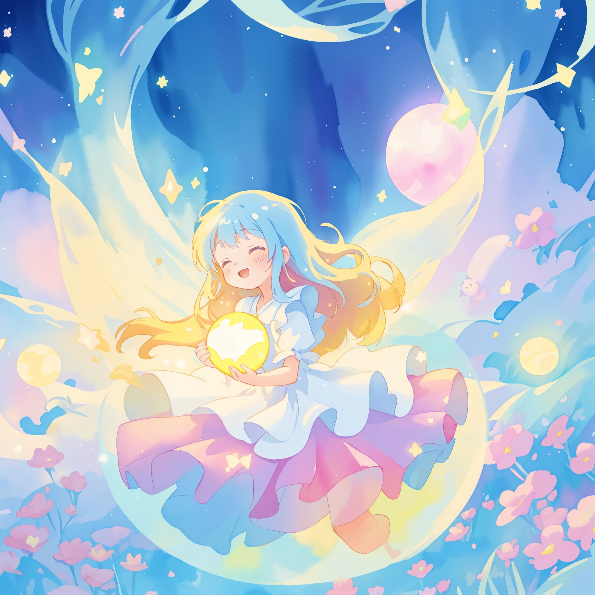 beautiful girl in sparkling white dress holding a magical sphere, ((sparkling puffy layered ballgown)), (magical, whimsical), (glowing magical orb), long flowing colorful hair, colorful fantasia background, watercolor illustration, disney art style, glowing aura around her, glowing lights, beautiful digital illustration, fantasia otherworldly landscape plants flowers, beautiful, masterpiece, best quality, anime disney style