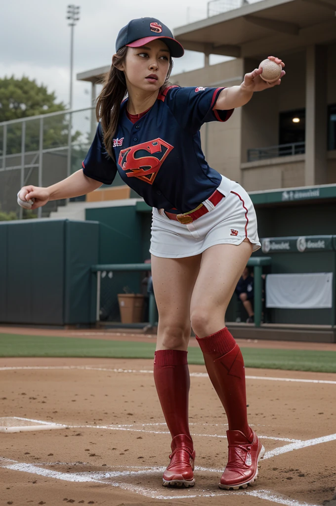 ungainly and unbalanced appearance、A scene where the women's baseball team transforms into Supergirl、S Mark、Transformation suddenly begins during the match.、The entire team transforms into Supergirl、Baseball cap thinly disappears、Baseball uniform transforms into Supergirl suit、Transforms smoothly、Shoes transform into red boots、