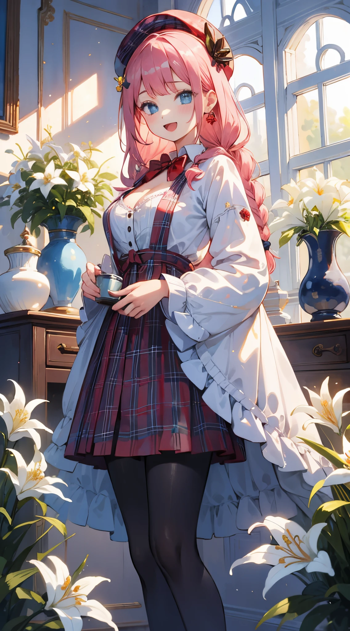 masutepiece, Best Quality, Extremely detailed, (((watercolor paiting))),

BREAK,
(17 years old girl), Beauty 1 person,Solo,(Cute:1.5),(Chibi:0.6),(kawaii:1.5),(Lori:0.5),BREAK,(17 years old girl),Very detailed,colourfull,highest details,Clear skin,Beautiful skin,Shy,Very detailed,colourfull,highest details,BREAK,Clear skin,Beautiful skin,Shy skin,1 beautiful girl,{Heterochromia,pale blue eyes,pale green eyes:1.5},star eye silhouette,BREAK,(Pink hair, Medium length:1.4),(Twin braids,A little curly hair,Single-sided twisted blade,Princess Cut:1.3),(cleavage of the breast,Big breasts,Beautiful breasts,Large breasts:1.5),(long eyelashes, Double eyelids:1.2),Solo,gleaming skin, Clear skin, Beautiful skin,(best quality face),(Top quality glowing eyes), (The best smile,:D:1.45), BREAK *Depending on the model, BREAK may not be necessary.？

(Vintage beret with flower pin:1.3), 
BREAK 
(navy and red plaid dress:1.5), 
BREAK 
(gold buttons on the front:1.2), 
BREAK 
(Ivory blouse with ruffle detail and red bow tie:1.4),
BREAK 
(Peach cardigan with cable knit pattern:1.3),
BREAK 
(Black tights:1.1),
BREAK 
(Red Mary Jane Shoes:1.2), 

BREAK,inside in room,Gothic decoration,((cup,flower, inside in room, Lily \(flower\),plant, potted plant, Standing, The table, vases, white blossoms, window:1.5),(symbolic:1.2),Waterfall,depth of fields,

 BREAK,wakame,wakame,wakame,(Dynamic Angle:1.4), 

BREAK,(Blurry background:1.3),(absurderes, hight resolution, Super Detail Art),cel shading,Clear Color, Lonely optical effect, Beautiful pictures, Bright glow, mystic atmosphere,(Close-up of girl:1.1), Mystical light particle effect,manga influence, clean line drawings,