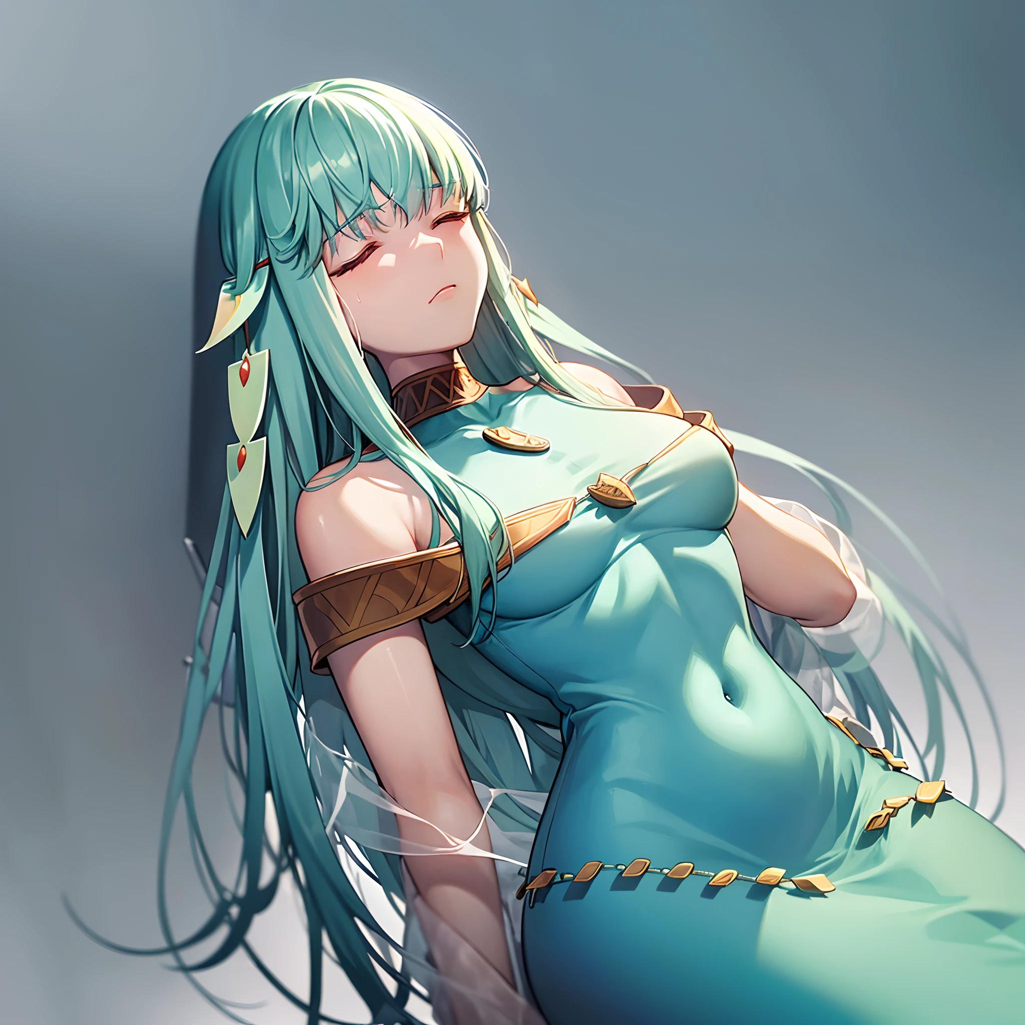 Masterpiece, very detailed drawing, professional illustration, cinematic lighting, light and shadow, detailed face, detailed eyes, alone, woman, beautiful woman, dragon quest, priest, light blue hair, long hair, orange bodysuit, blue priest uniform, priest hat, dirty clothes, torn clothes, defeated by slime, (nsfw:. 1.7), sweating profusely all over, erect nipples, shame, face red with embarrassment, drool, teary eyes, lying on back, outdoors, (rape by transparent tentacle: 1.9), bound by tentacle, ecstasy, orgasm, best shot, angle from above, after the fact, white string panties
