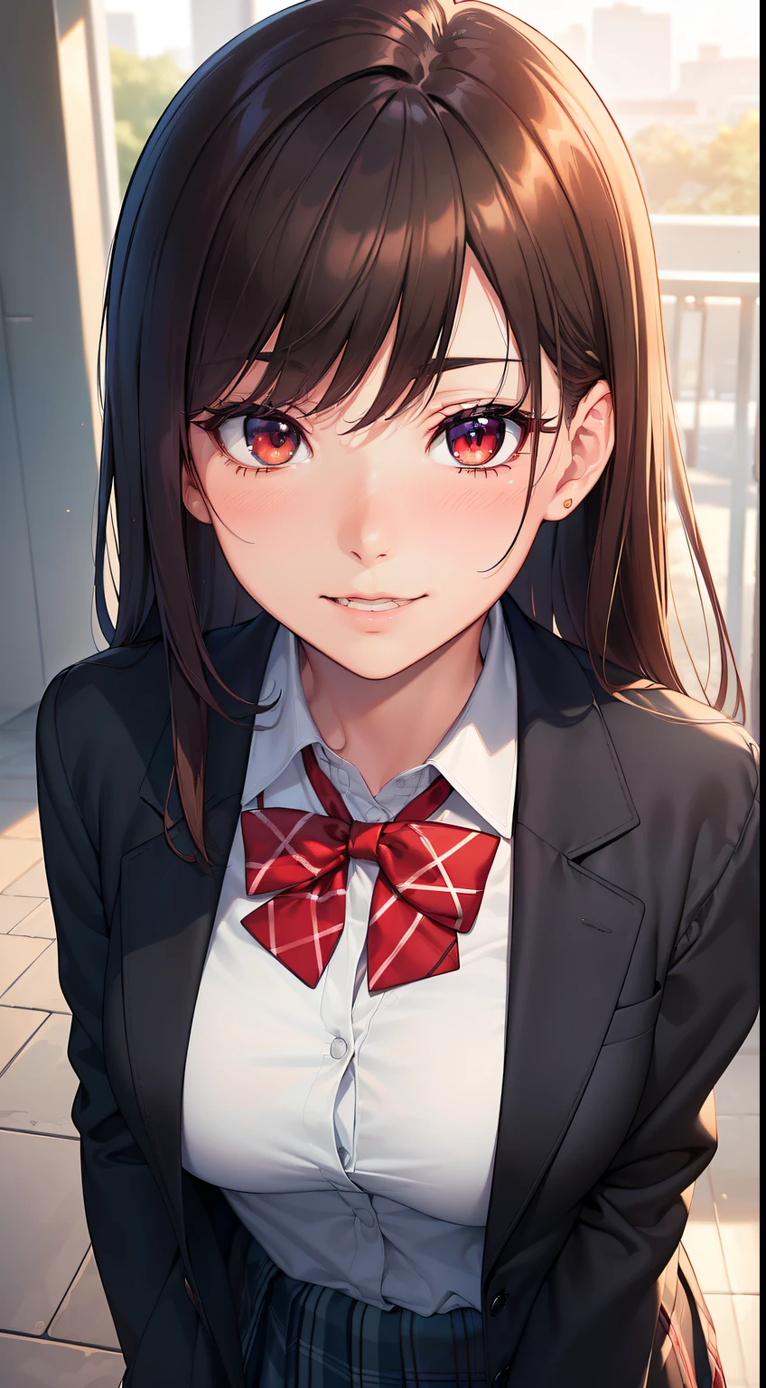 ((masterpiece, best quality, highres, UHD, perfect pixel, depth of field, 4k, RTX, HDR))), 1girl, single, solo, beautiful anime girl, beautiful artstyle, anime character, ((long hair, bangs, brown hair, curly hair:0.8)), ((red eyes:1.4, rounded eyes, beautiful eyelashes, realistic eyes)), ((detailed face, blushing:1.2)), ((smooth texture:0.75, realistic texture:0.65, photorealistic:1.1, anime CG style)), medium breasts, dynamic angle, perfect body, ((portrait, pov)), ((red bowtie, school uniform, black jacket, open jacket, brown cardigan, white shirt, black skirt, plaid skirt)), smile, amusement park,grin,white teeth,finger to mouth