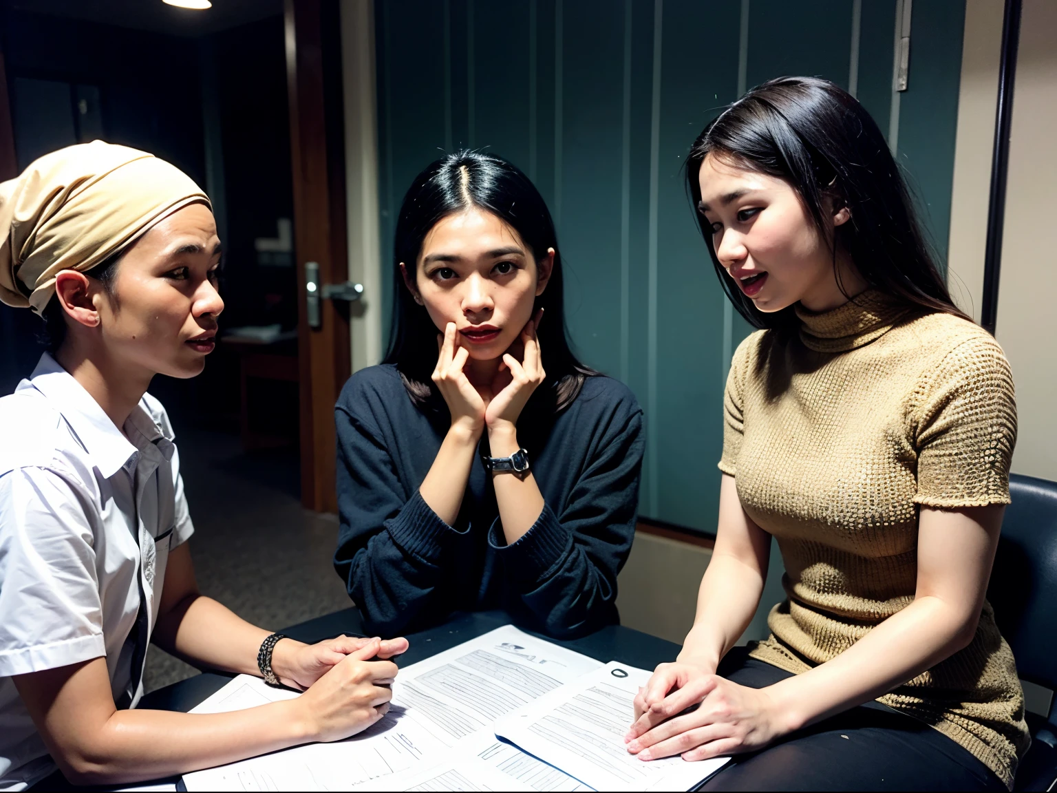 Three or more Indonesian with different genders talking to each other in professional setting confidently