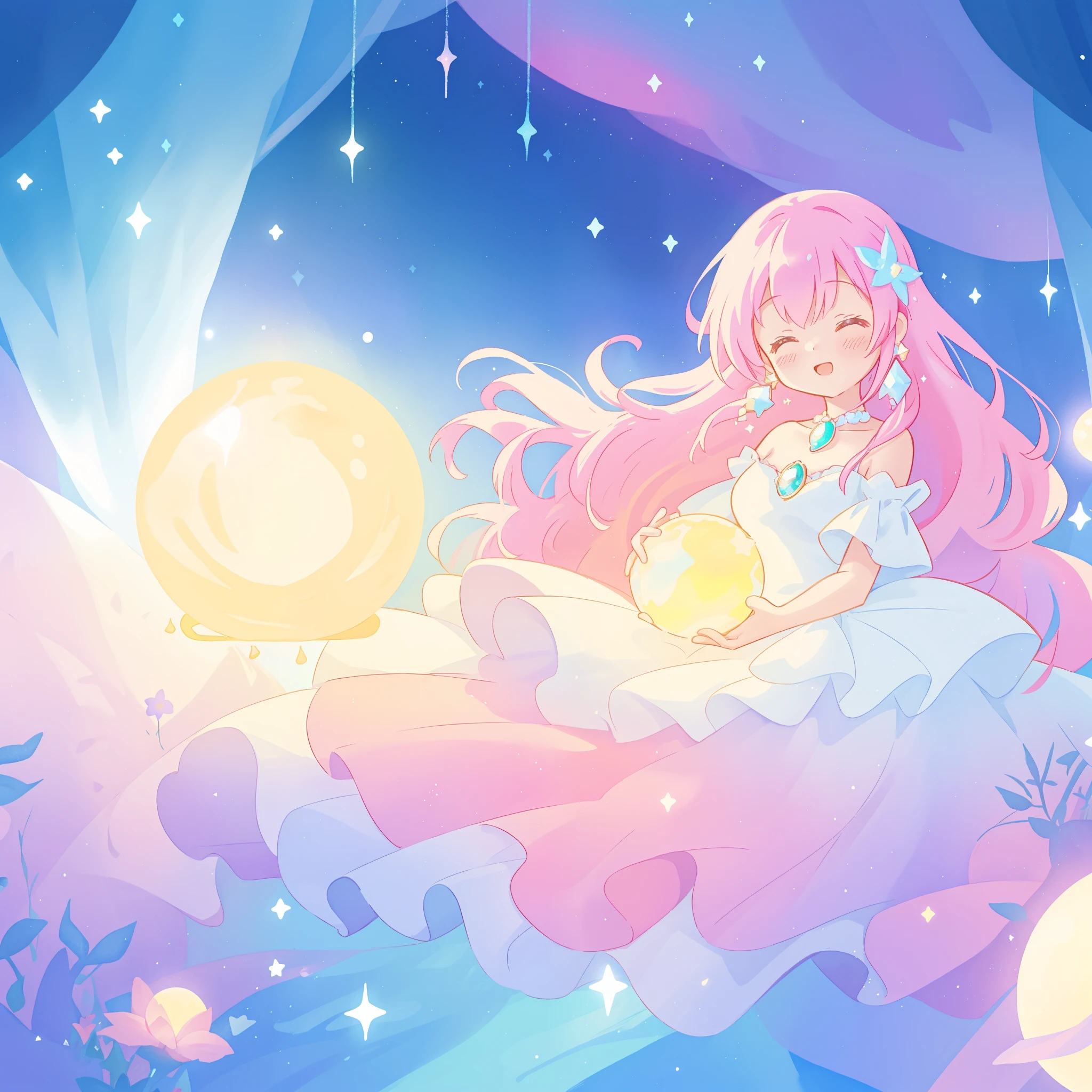 beautiful girl in sparkling white dress holding a magical sphere, ((sparkling puffy layered ballgown)), (magical, whimsical), (glowing magical orb), long flowing colorful hair, colorful fantasia background, watercolor illustration, disney art style, glowing aura around her, glowing lights, beautiful digital illustration, fantasia otherworldly landscape plants flowers, beautiful, masterpiece, best quality, anime disney style